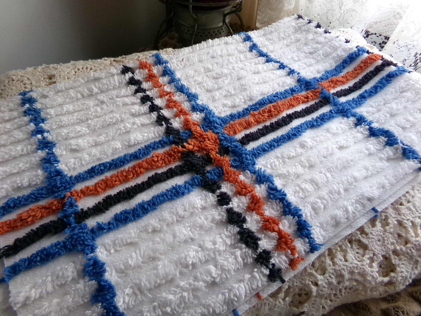 Vintage Chenille Fabric in a Unique Geometric Design, 28" x 15.5" inches, Masculine Black, Rust & Blue on White Cotton