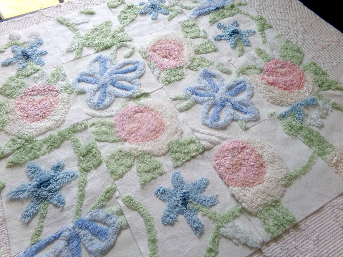 vintage chenille fabric squares, "garden club winner" set of 16 beautiful floral 6" quilt blocks for quilting, crafts, sewing