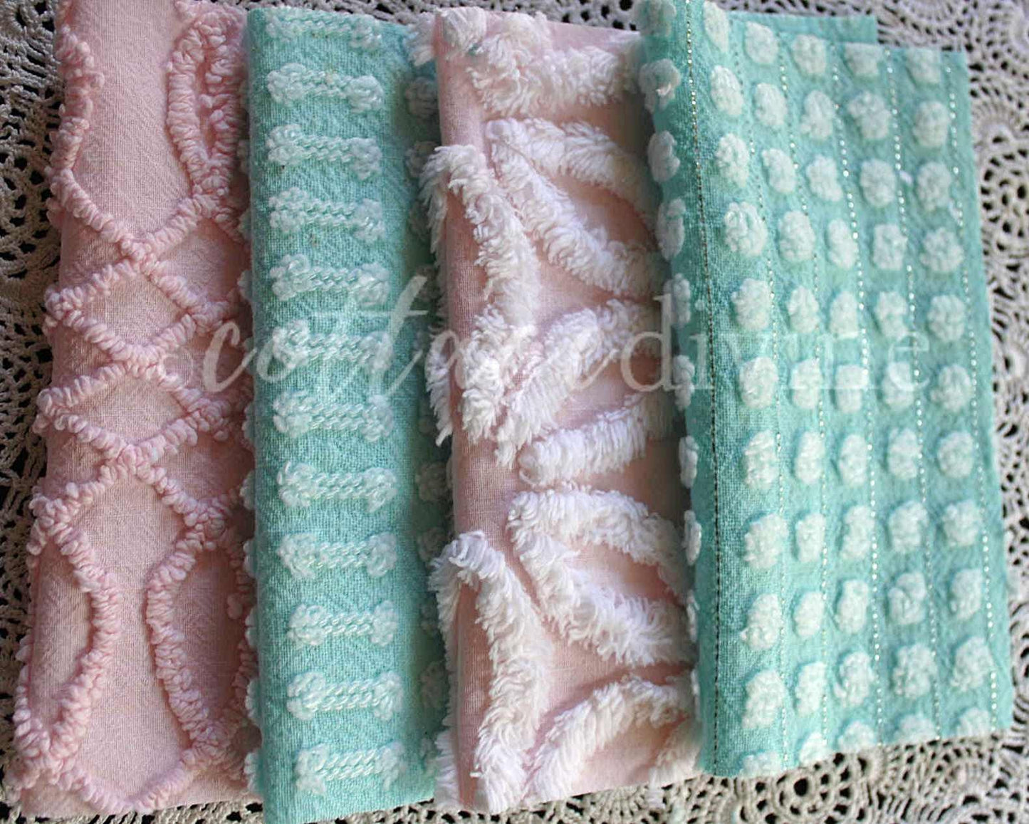 Pink & Aqua Chenille Quilt Squares Set, Rotary Cut from Vintage Chenille Bedspread Fabric, 16 Blocks, 6" x 6" inch each