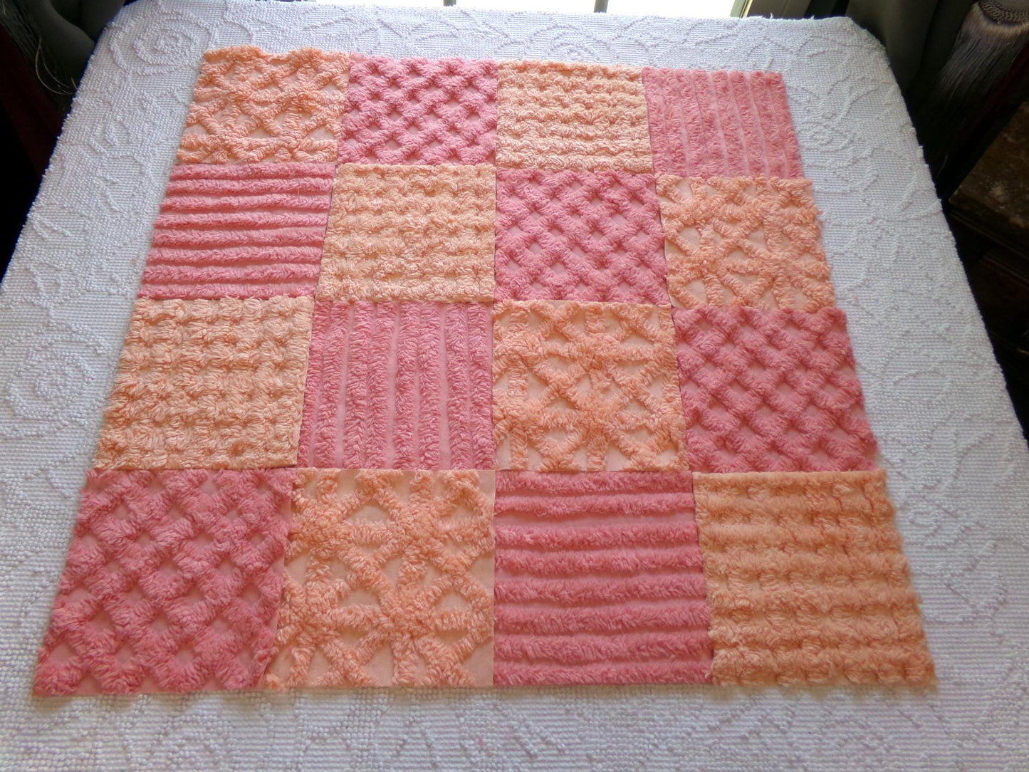 raspberry peach sherbet vintage chenille fabric squares, set of 16 plush soft tufted 6" blocks