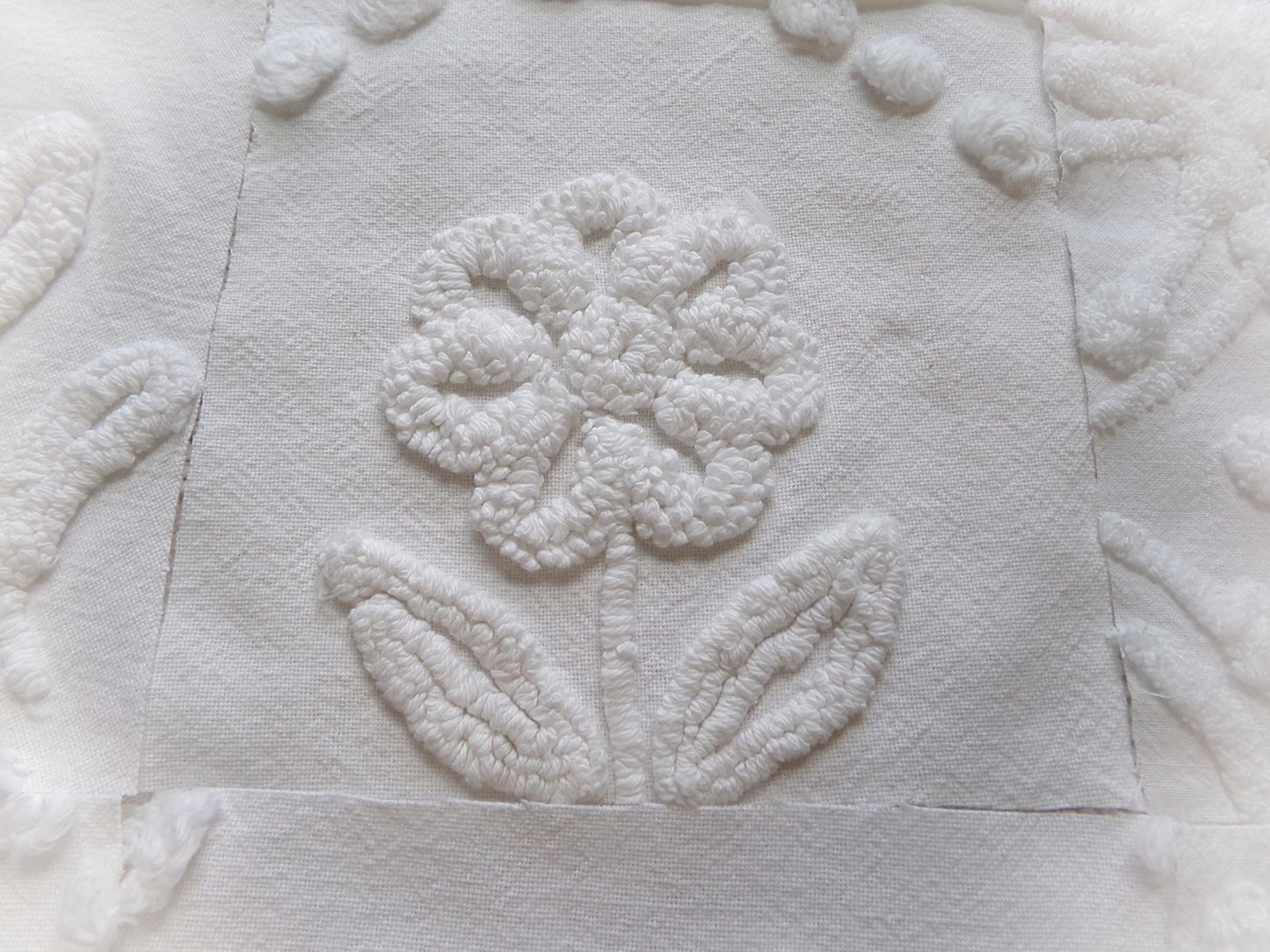 vintage 6" chenille fabric squares, "whispers of white" set of 16 quilt blocks in florals & geometrics