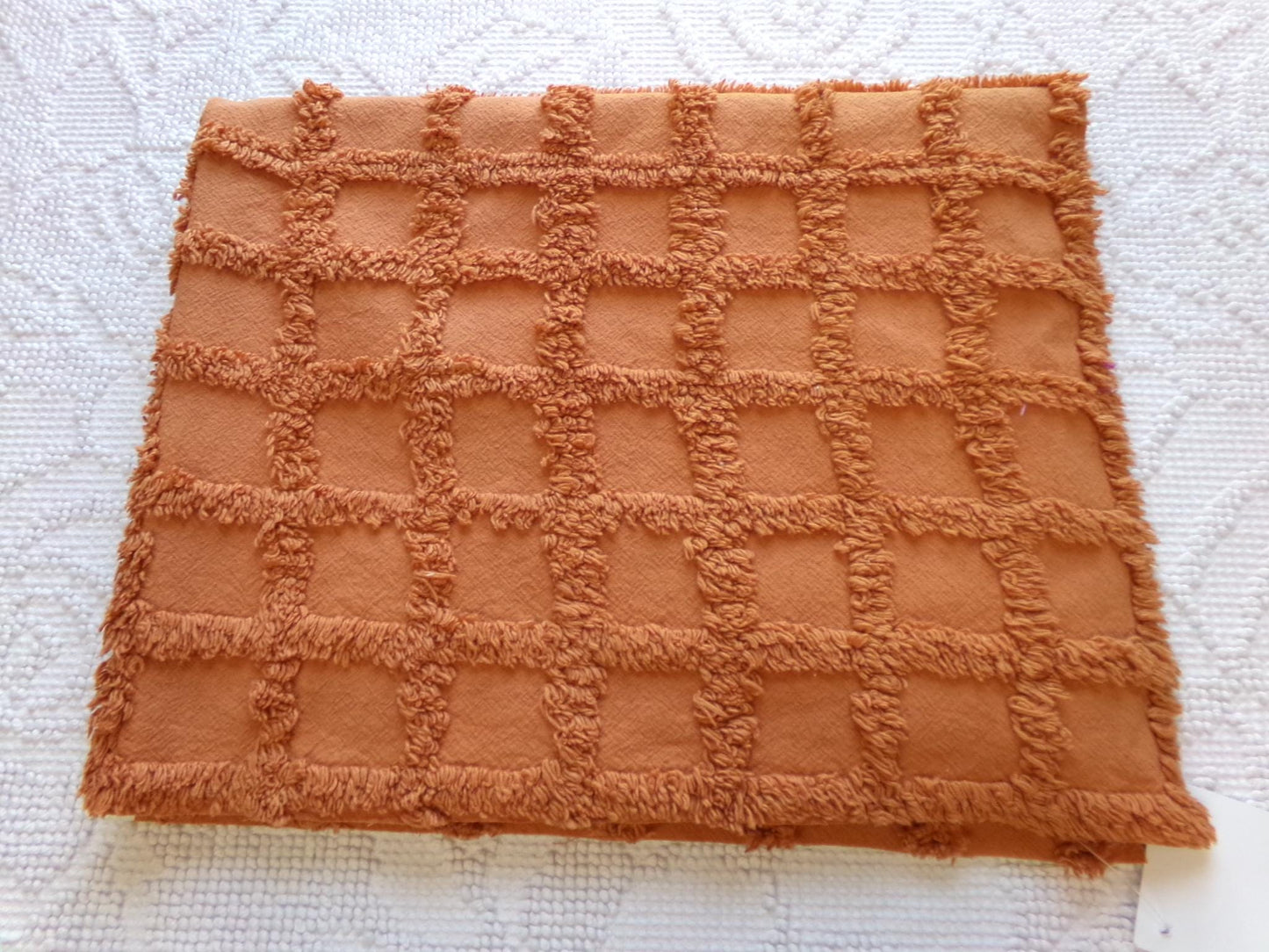 nutmeg pumpkin spice chenille fabric, 20" x 24" boho vintage style sewing material for quilts, crafts in simple windowpane tufted design