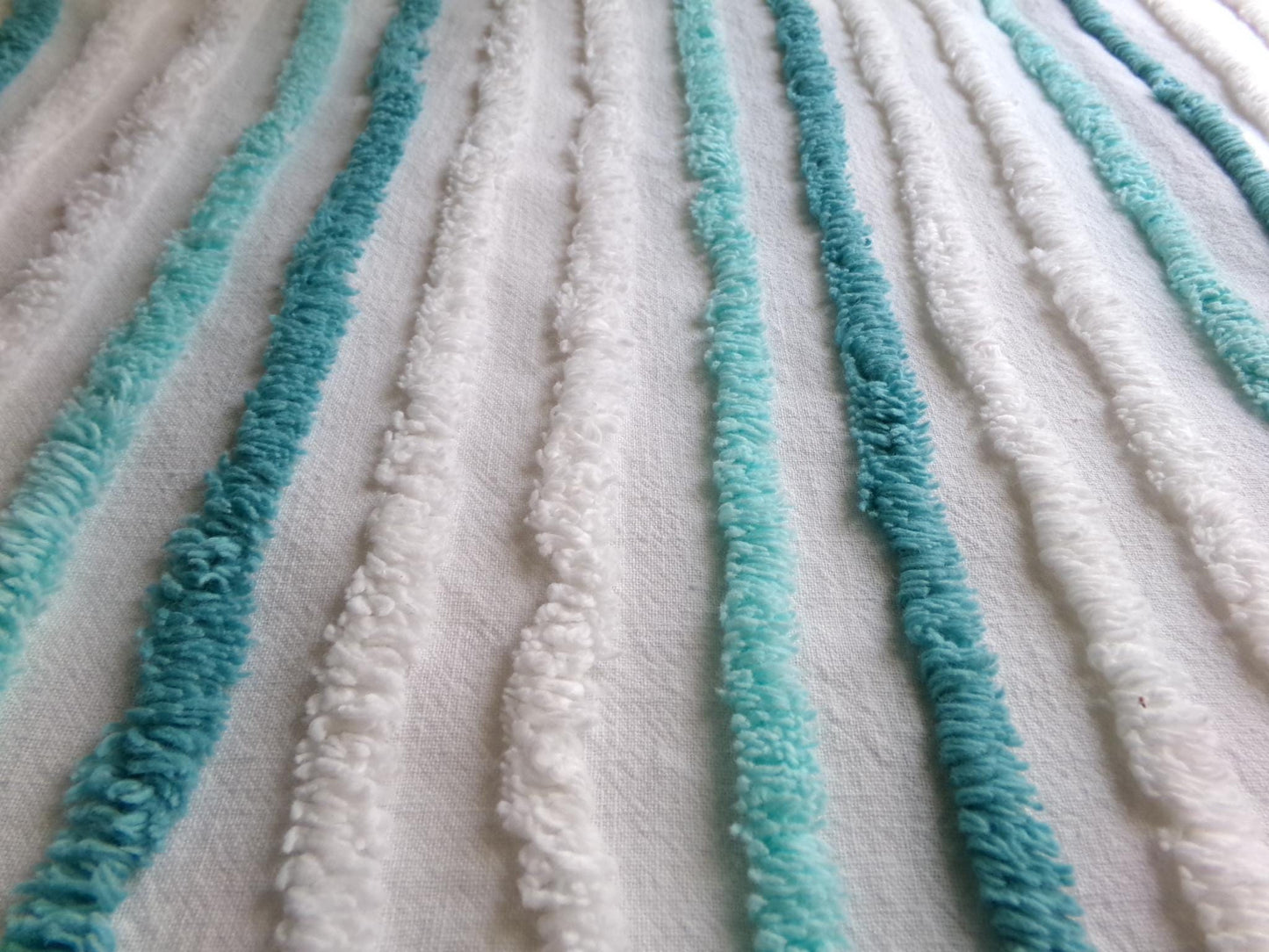 chic coastal cottage vintage chenille fabric, aqua, teal & white striped sewing material for chenille quilts, crafts, 17" x 27" inch piece