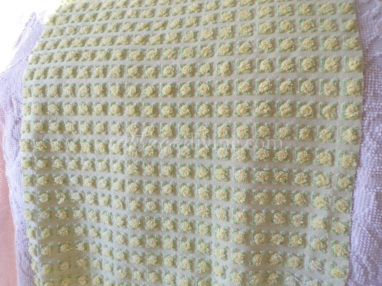 rosebud chenille fabric in radiant lemon chiffon, 18" x 25" piece of vintage quilt material with little yellow rosebuds
