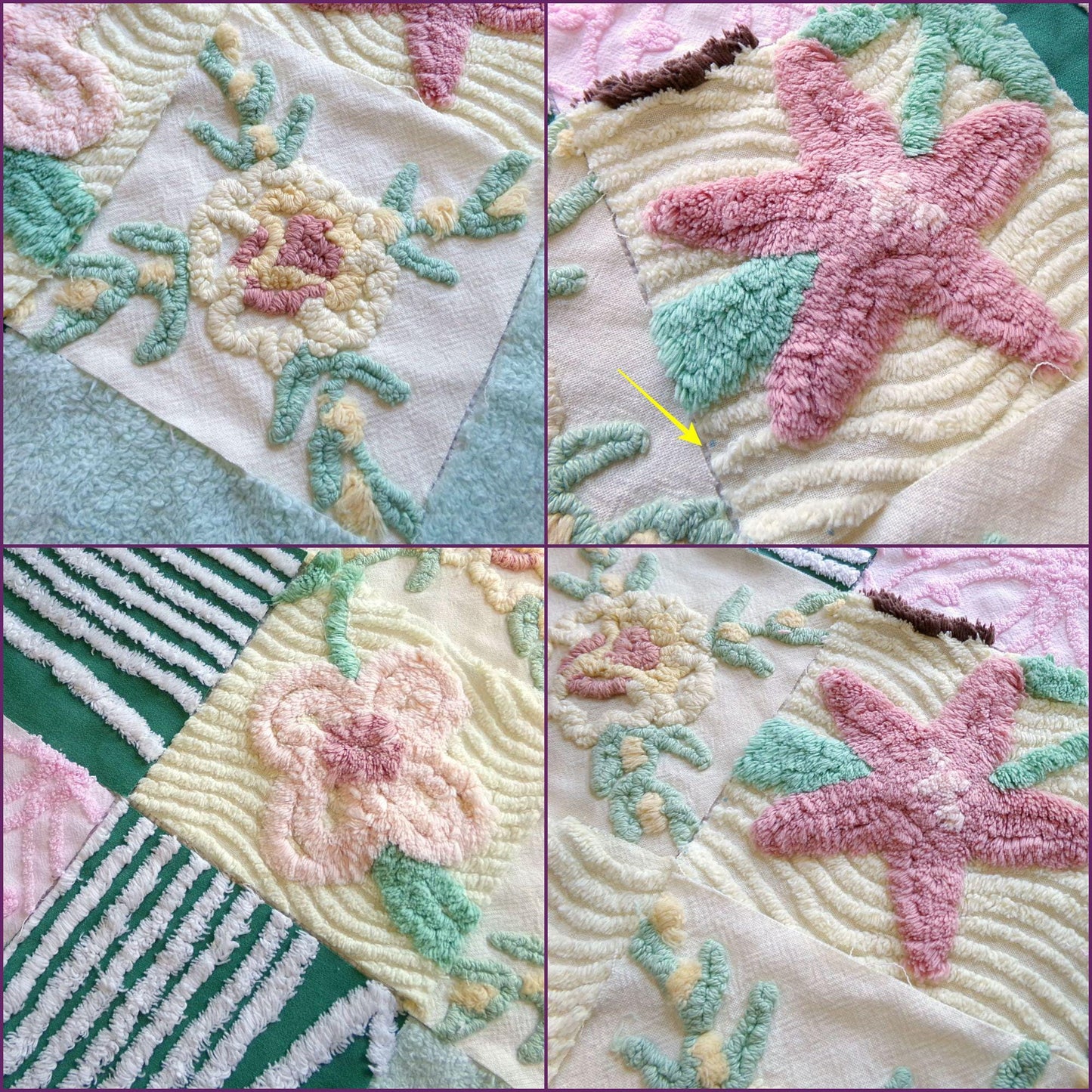 enchanted forest chenille fabric squares, set of 16 vintage craft quilt blocks 6" inches ea, yellow, green, pink & floral patterns