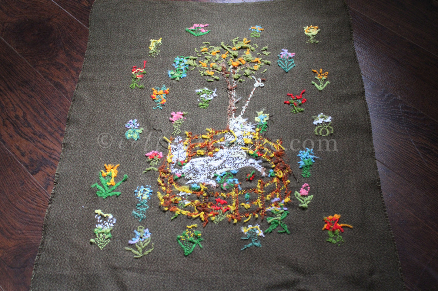Unicorn in Captivity Completed Paragon Embroidery, Rare Crewel Stitchery, Medieval Old World Tapestry Style Adaptation