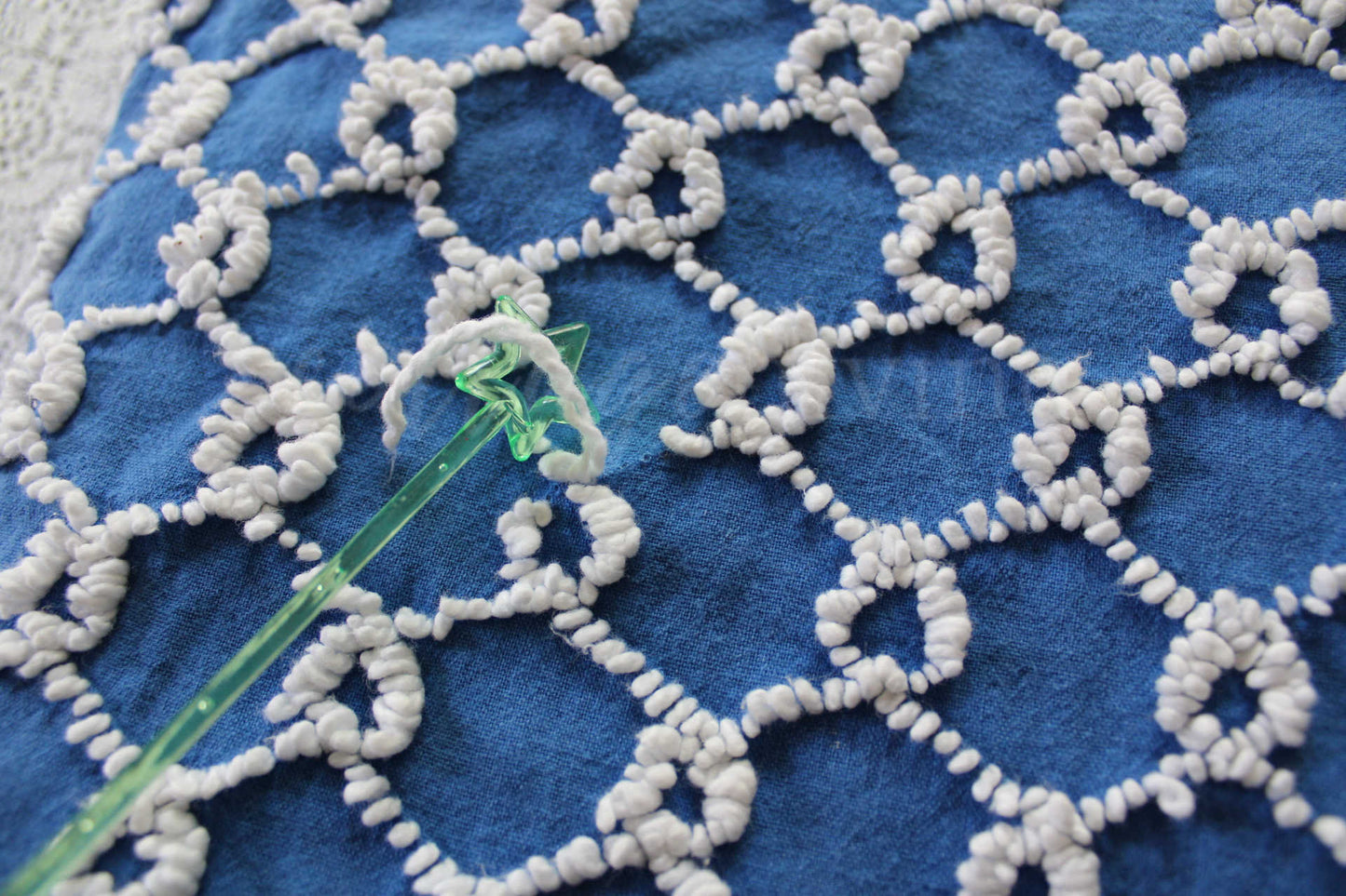 Chain Link Cobalt Blue Vintage Chenille Fabric, 20" x 24"' inch piece, White Needletufted Links on Ultra Lightweight Cotton