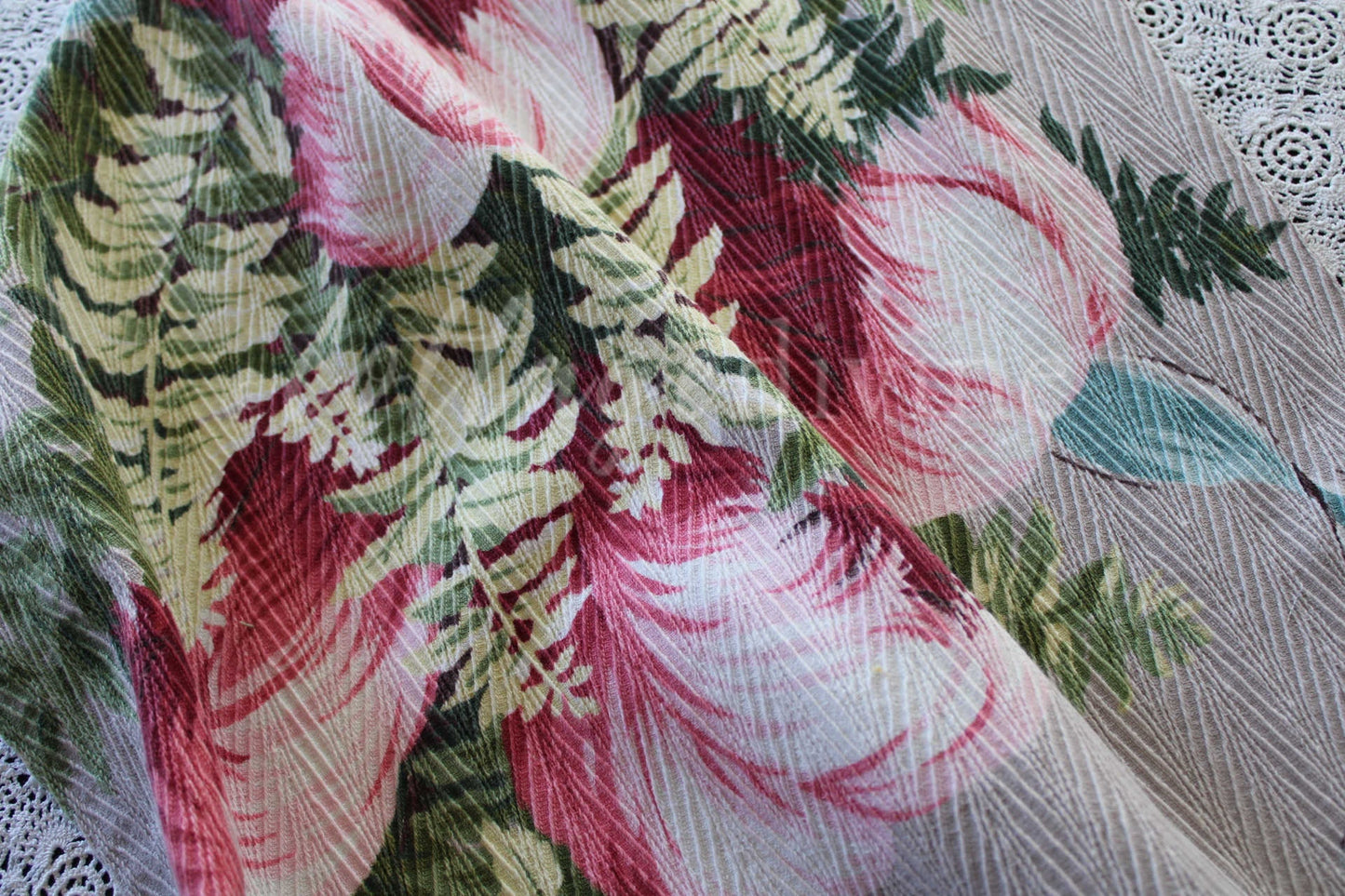 Heavenly Feather Pink Plume Vintage Barkcloth Fabric, 19" x 16" inch Piece, Botanical Floral Print on Cool Grey, Great for DIY Pillows