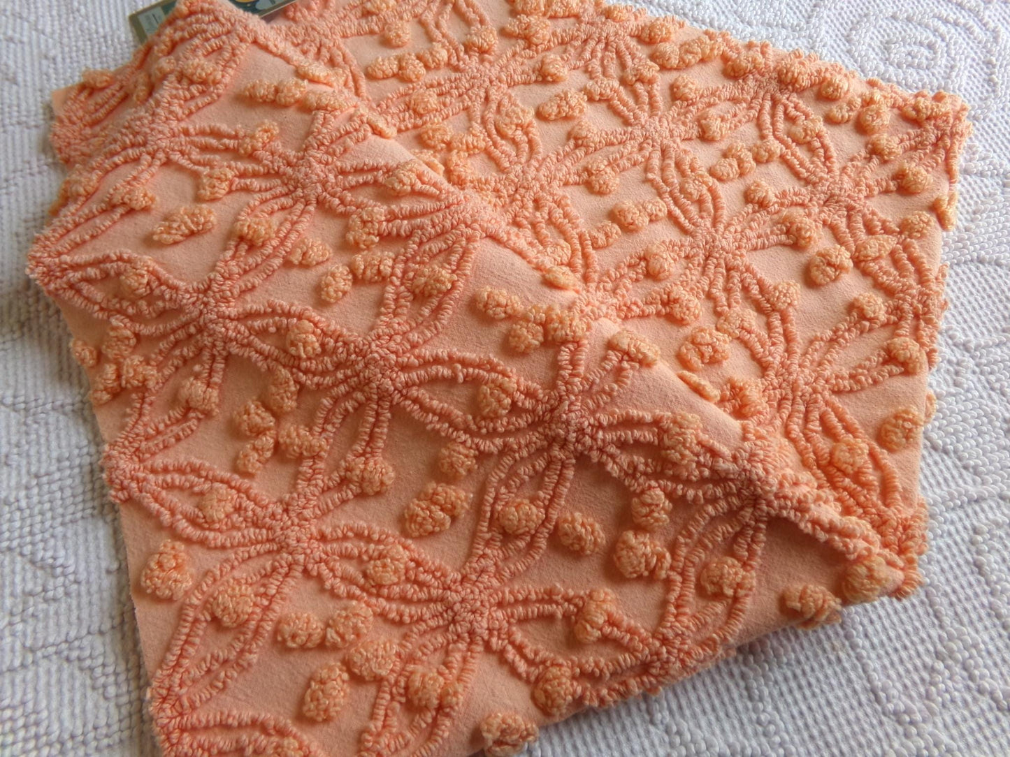 delicious peach vintage chenille fabric, 18" x 24" inch piece of cotton quilt & sewing material, overtufted pops wedding ring design