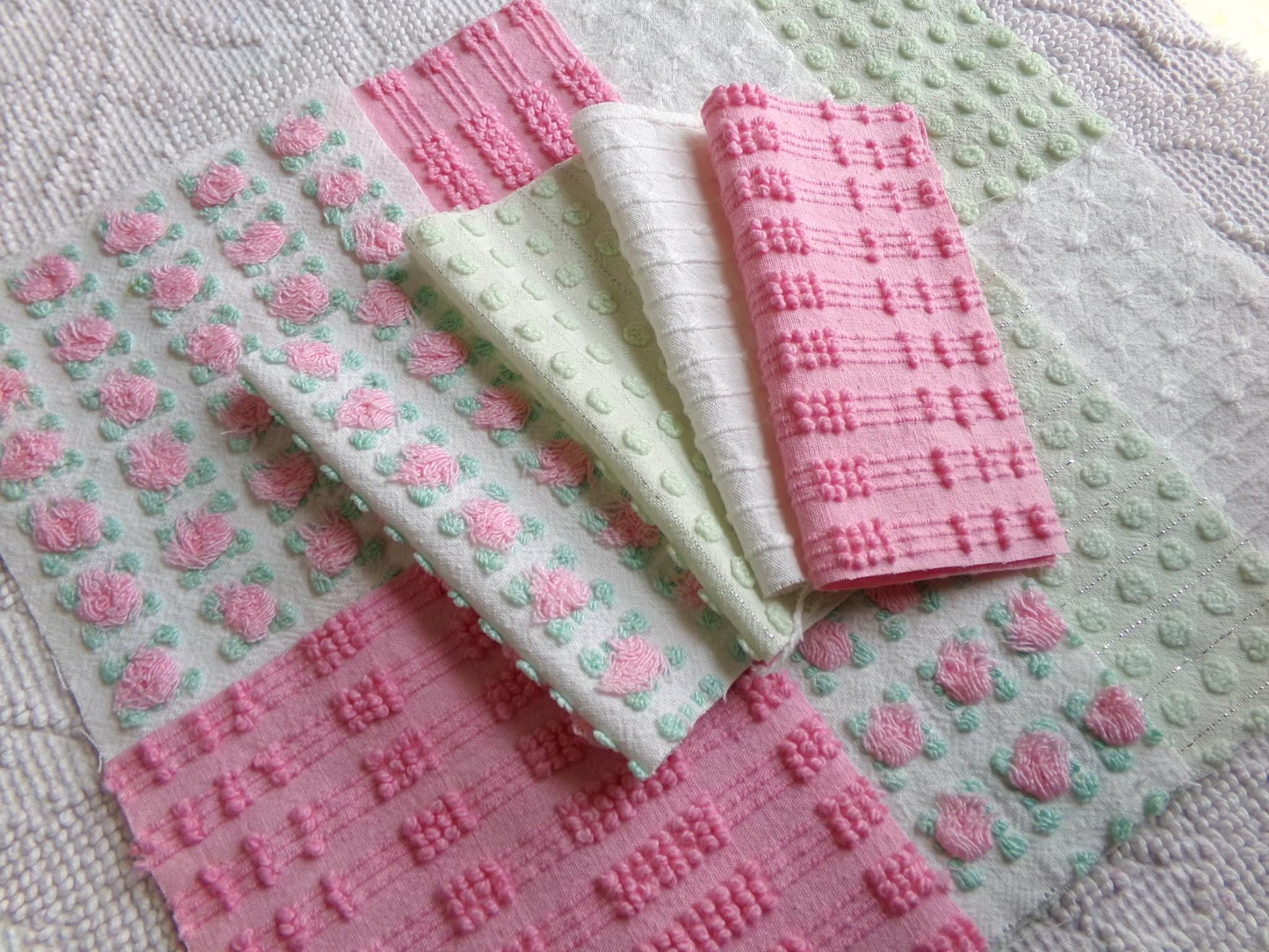 fairytale pink & green chenille fabric squares, set of 12 vintage 6" quilt blocks in crafty girl's dozen, popular squiggles, rosebud, dots