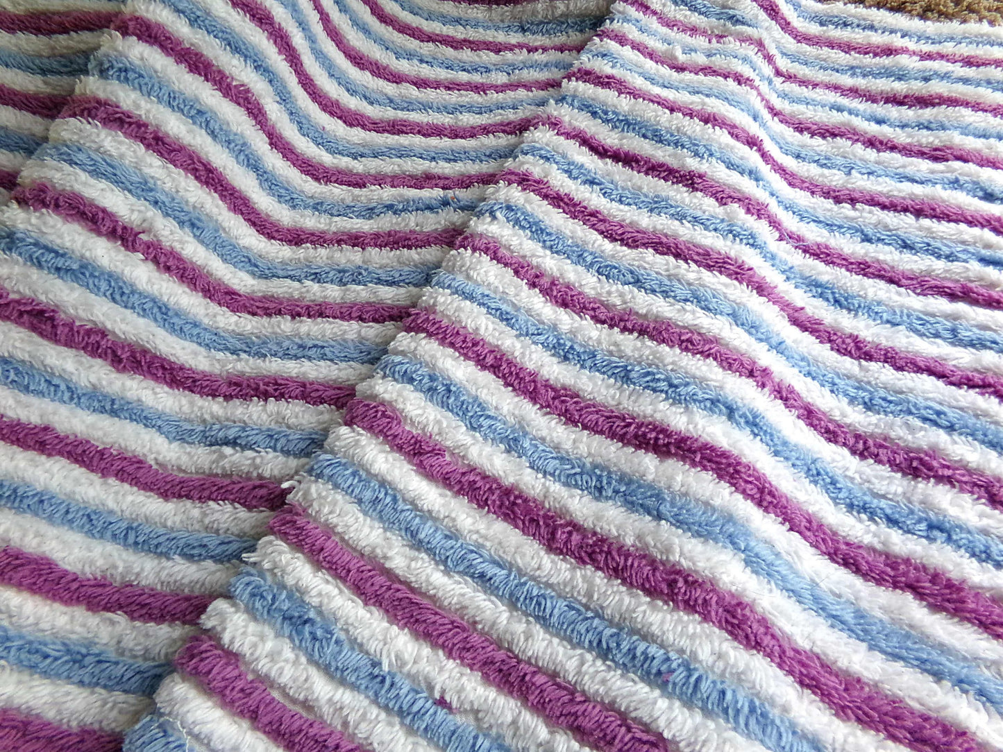 Blue Raspberry Striped Vintage Chenille Fabric, 18" x 24" Piece, Soft Plush Stripes