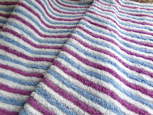 Blue Raspberry Striped Vintage Chenille Fabric, 18" x 24" Piece, Soft Plush Stripes