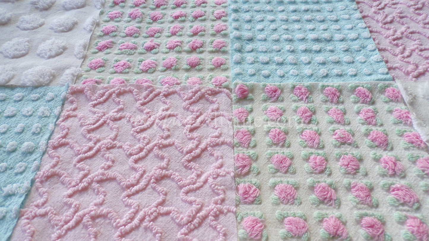Classic Cottage Chic Chenille Quilt Squares Set from Vintage Bedspread Fabric, 16 Blocks, 6" x 6" inch, Pretty Pink Rosebud, Aqua & White