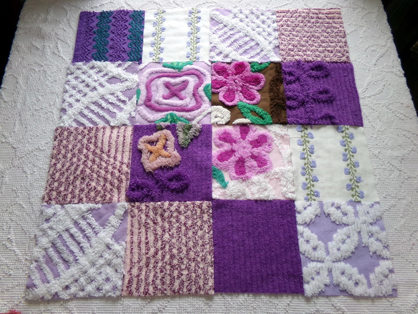 mystic moon vintage 6" chenille squares, set of 16 quilt blocks rotary cut from vintage chenille bedspread fabrics for quilt inlays, pillows