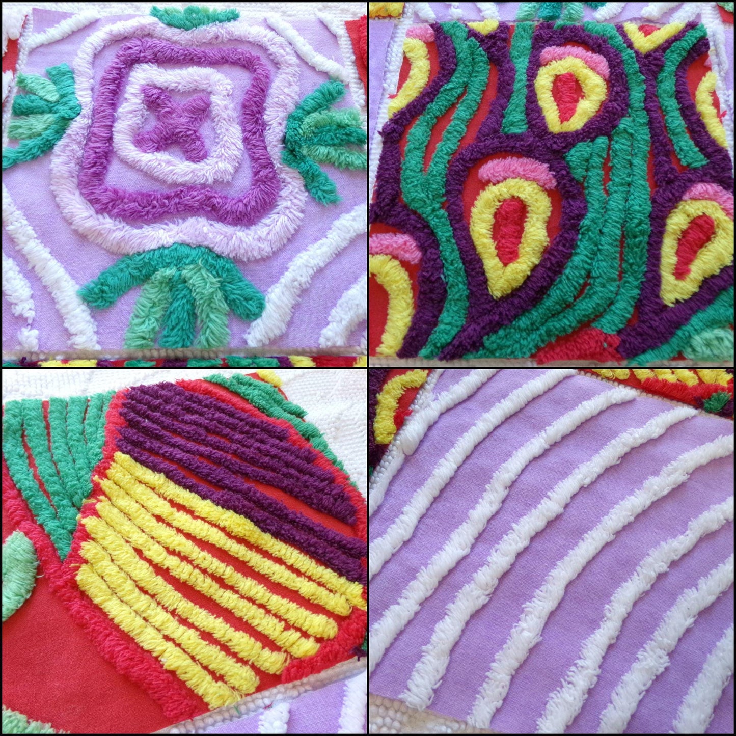 sassy 'n sweet chenille fabric squares, 7.5" vintage quilt blocks in lavender & rich red, set of 6 for sewing, crafts, quilting