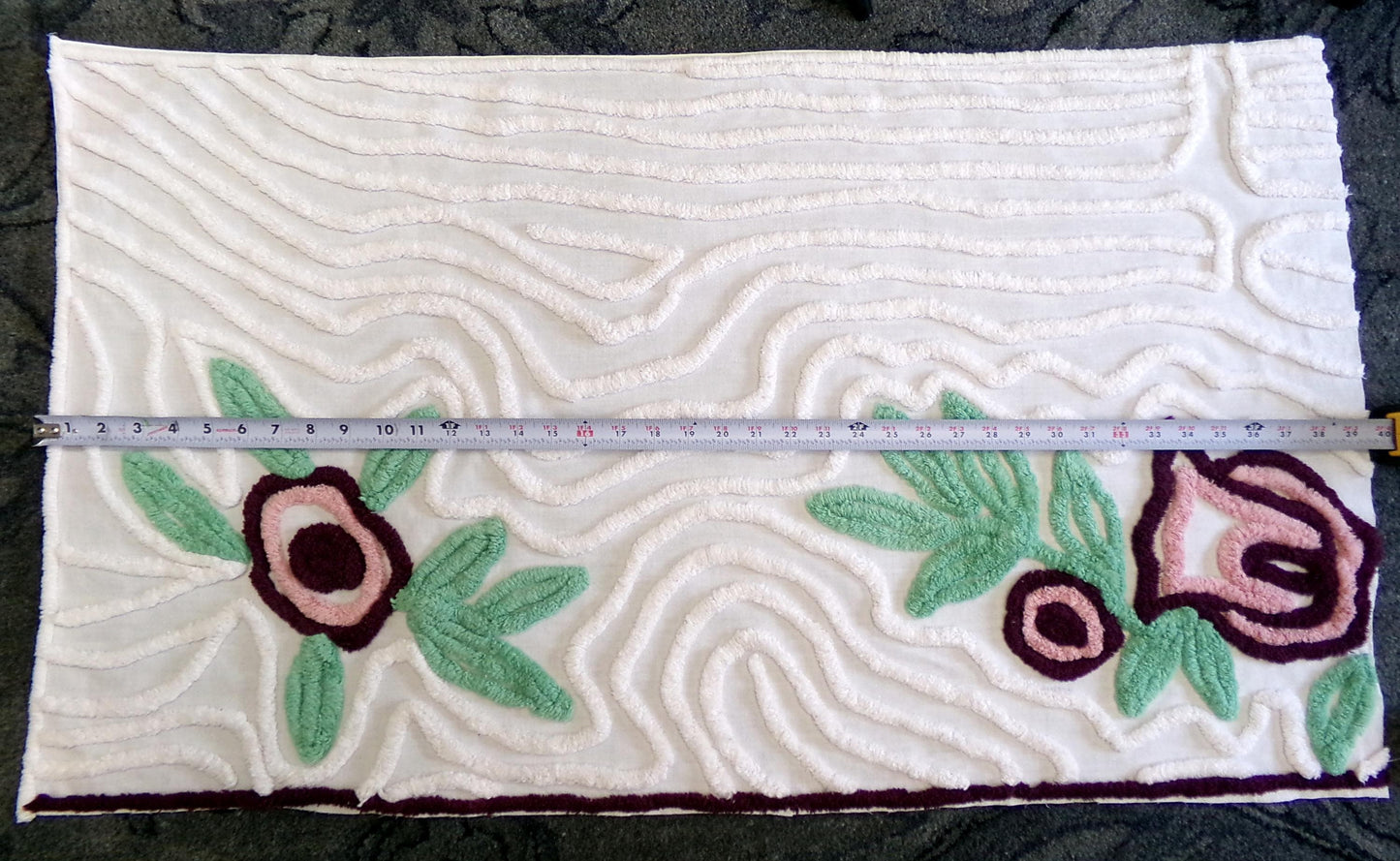 Berry Mauve Blooms Vintage Chenille Fabric, Large 22" x 37" Piece of Plush Swirl White Cotton Sewing Material Upcycle into Quilts & Crafts