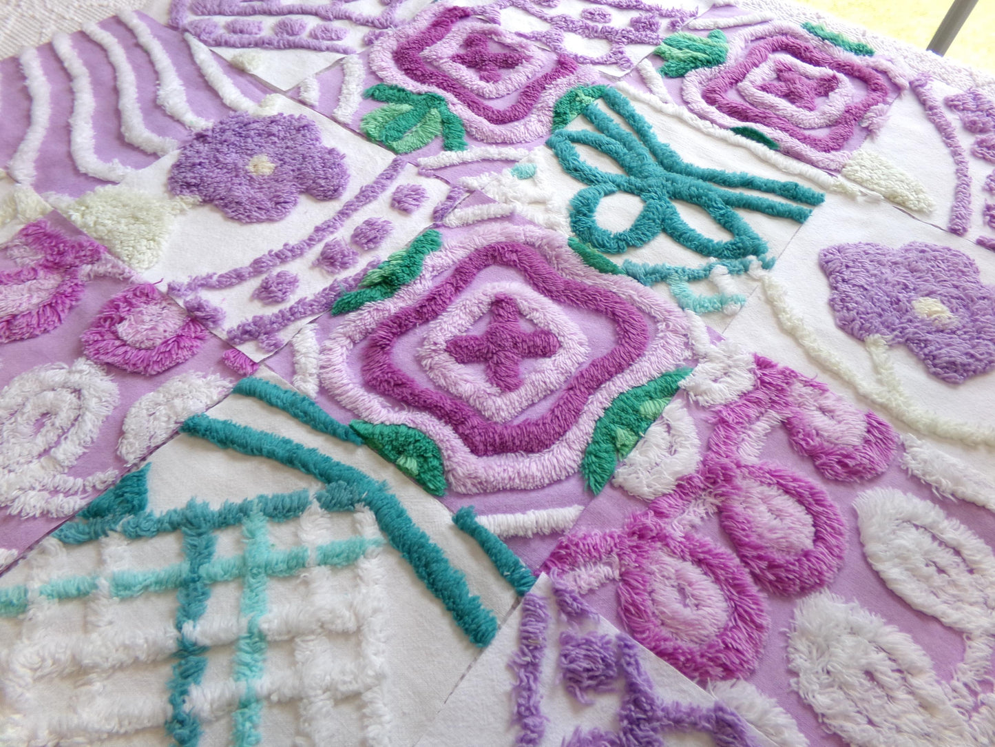 vintage chenille fabric squares: set of 16 lavender & lilacs, teal white cotton 6" quilt blocks