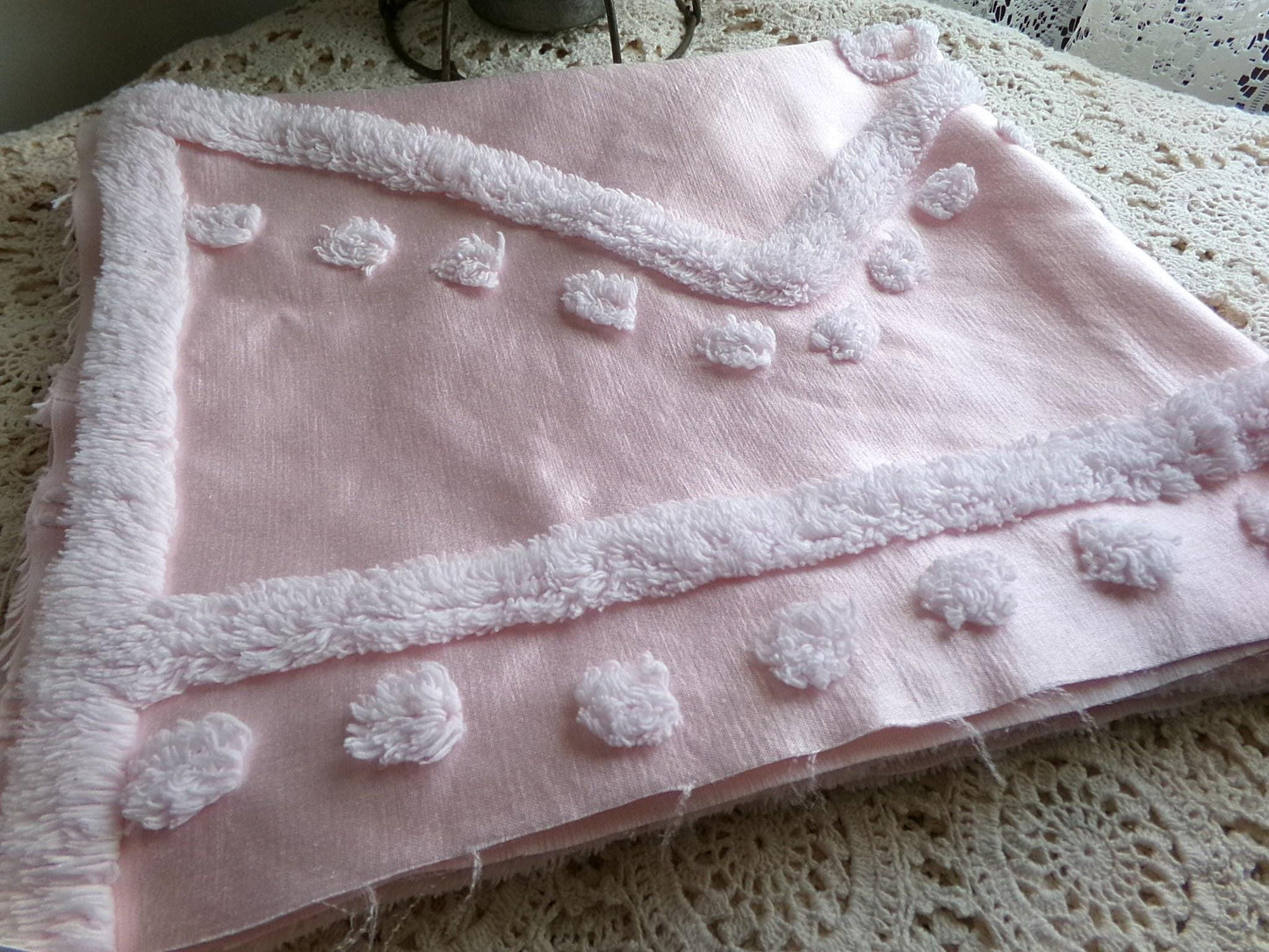 glamorous pink satin fabric piece with chenille tufting, 22" x 25" inch piece of luxury vintage sewing material for arts & crafts