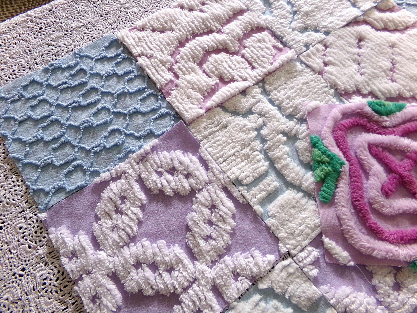 sleep softly chenille fabric squares, serene blue, lilac & white, 17 vintage quilt blocks 6" x 6" inch, for pillows, quilting, crafts