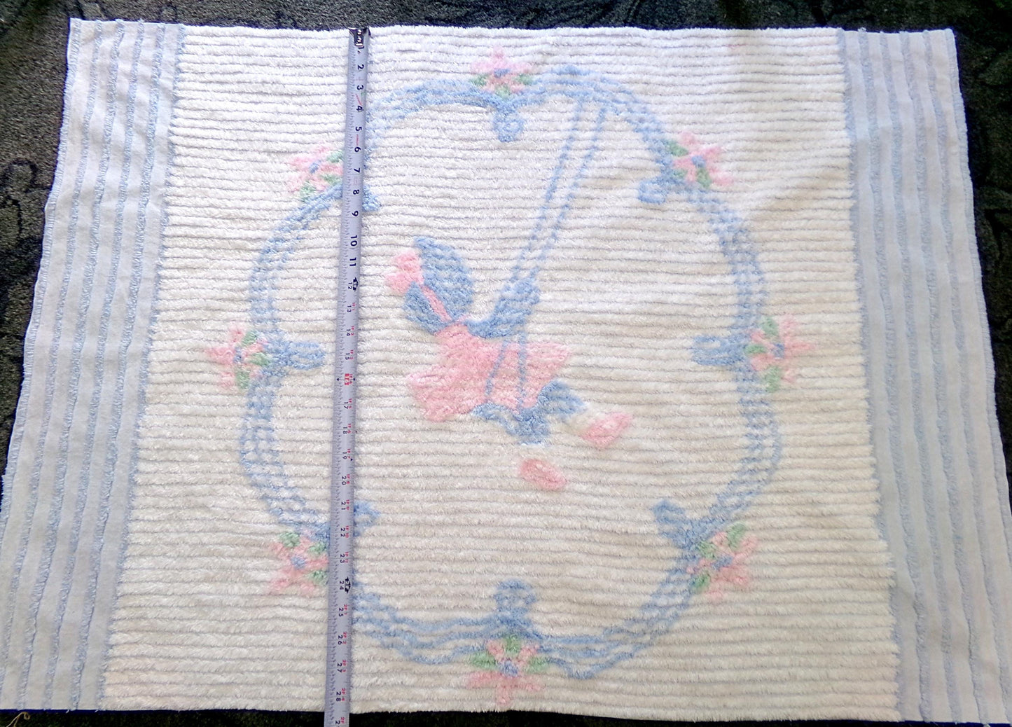 vintage chenille fabric panel: carefree little girl on swing in cameo of pink lilies, 28" x 38" large cut piece