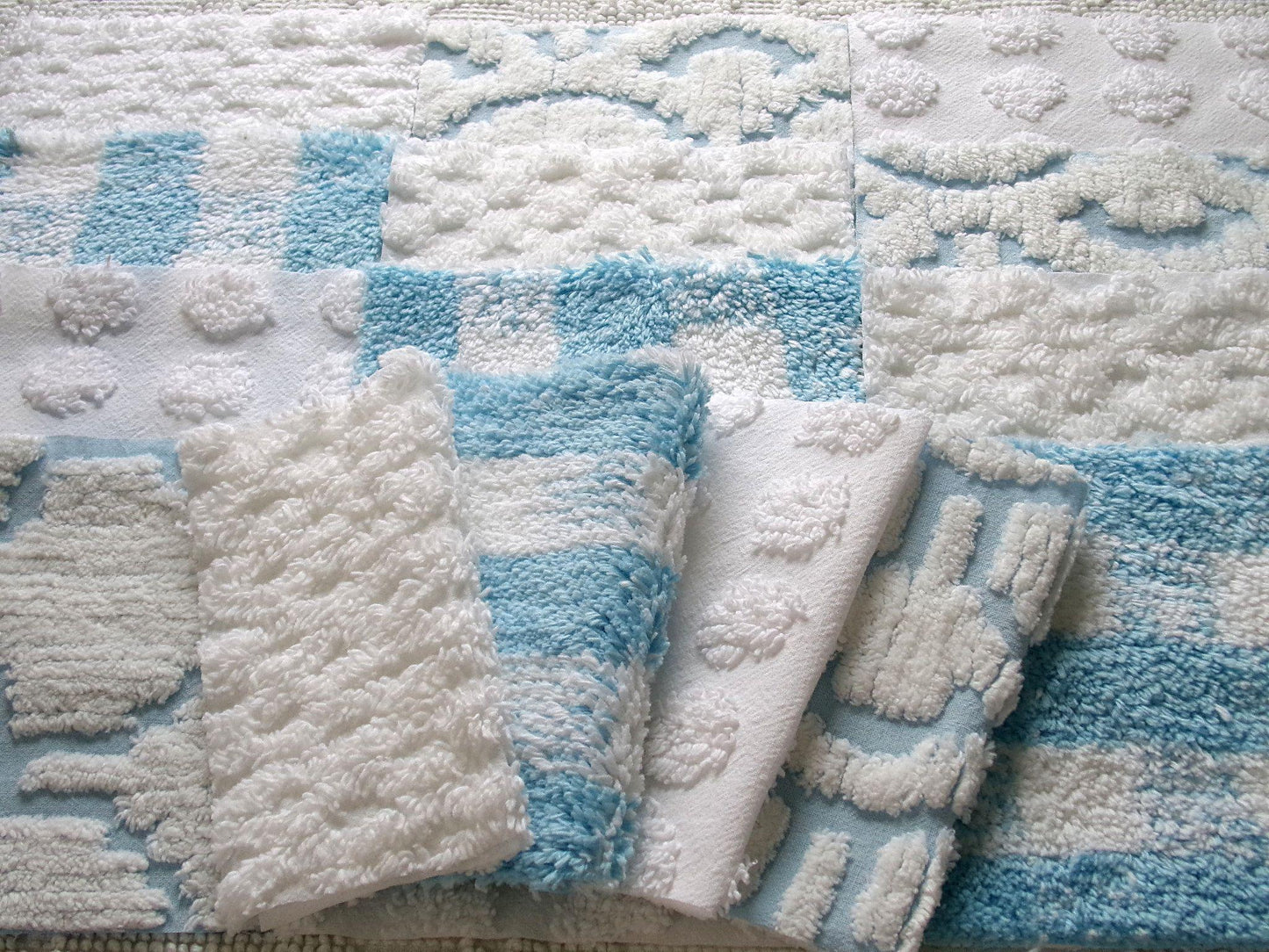 country gal chenille fabric squares, 16 vintage 6" quilt blocks in cool blue & white, for sewing, crafts, fiber arts