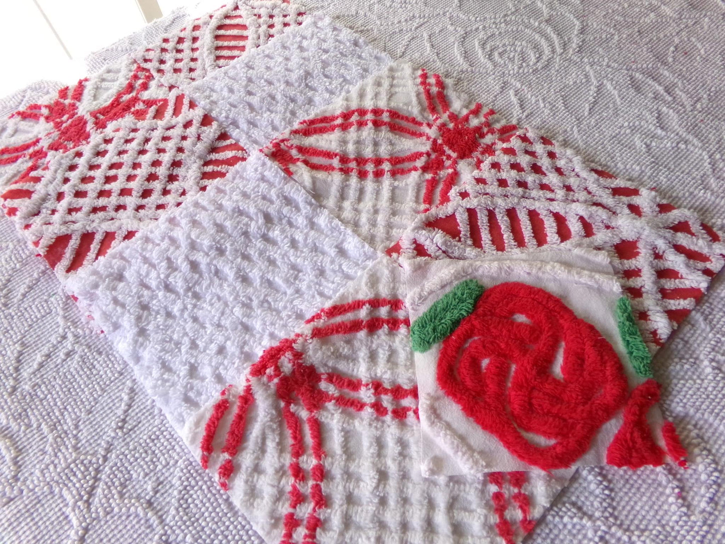rose red & white chenille fabric squares, 7.5" vintage quilt blocks, set of 8 for sewing, Christmas crafts, quilting