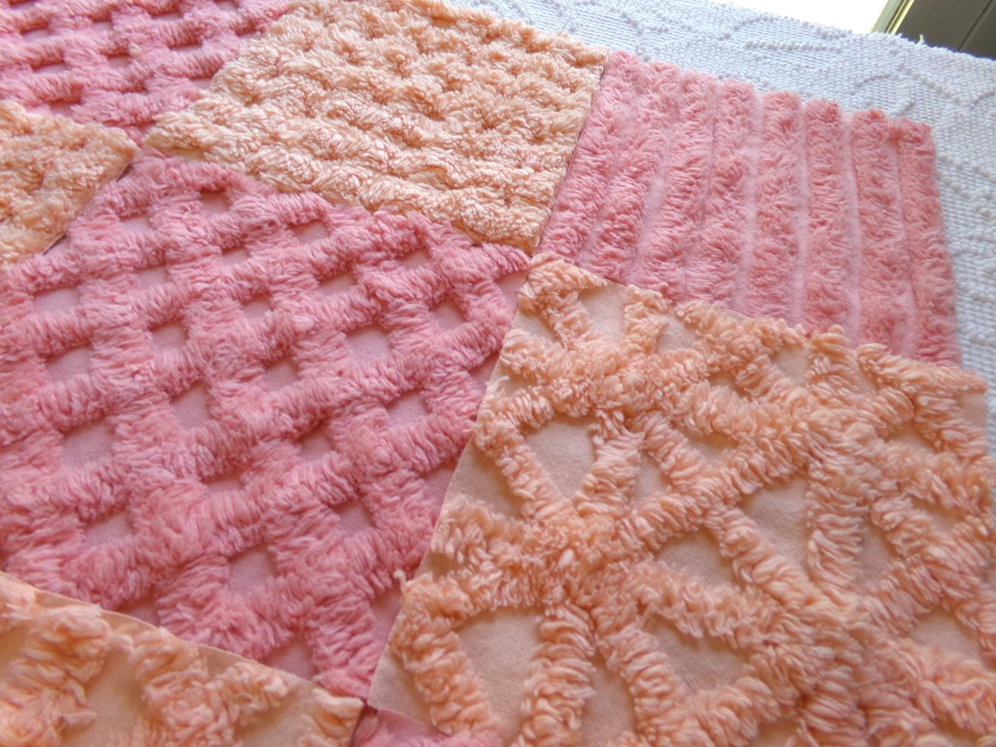 raspberry peach sherbet vintage chenille fabric squares, set of 16 plush soft tufted 6" blocks