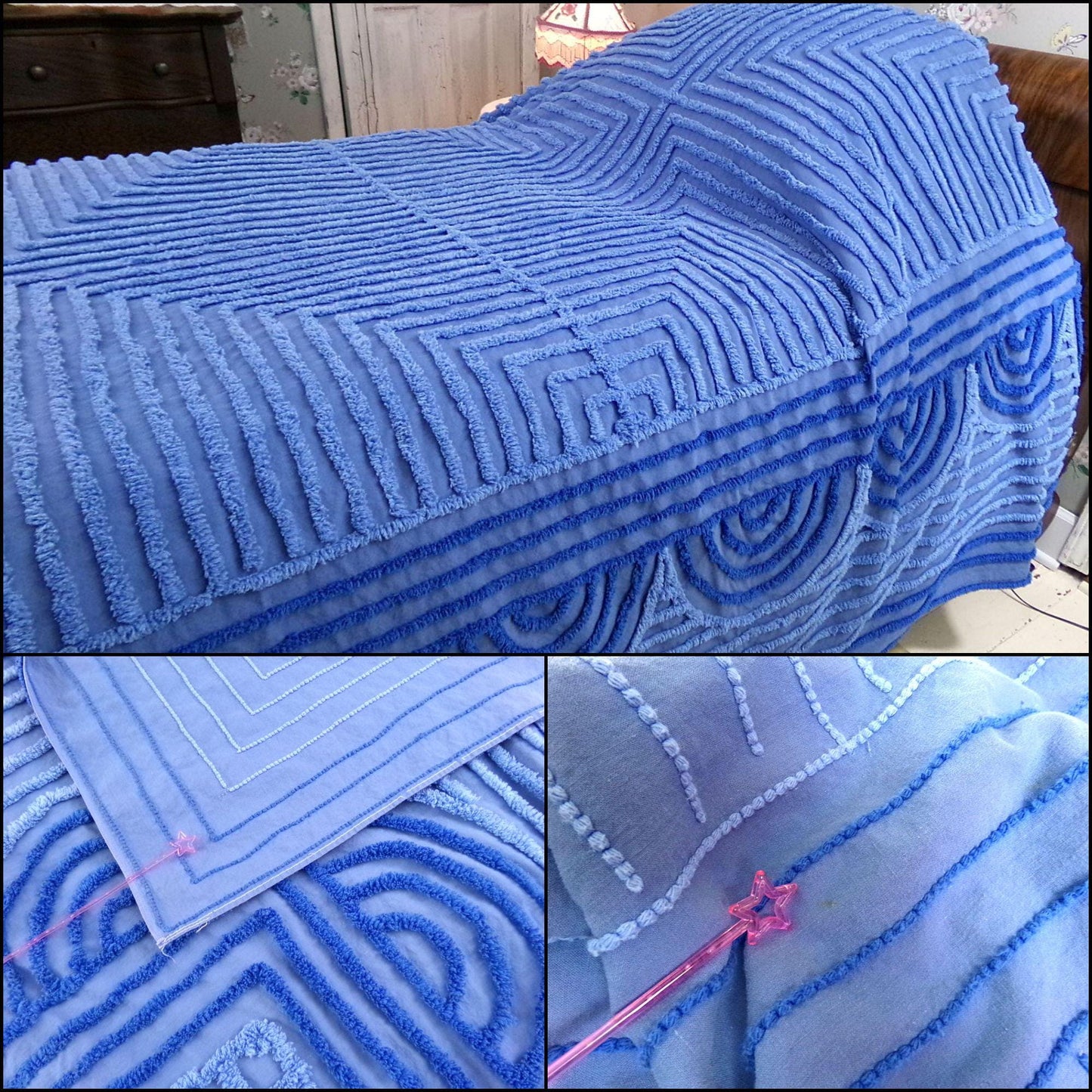 shabby sea nymph blue vintage chenille bedspread, coastal chic geometric design, full size cotton bedding