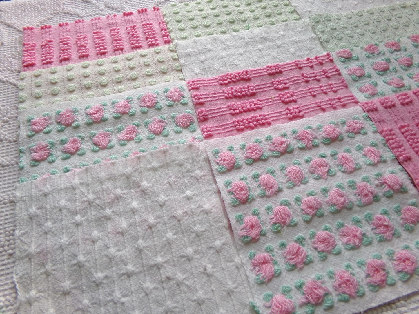 fairytale pink & green chenille fabric squares, set of 12 vintage 6" quilt blocks in crafty girl's dozen, popular squiggles, rosebud, dots