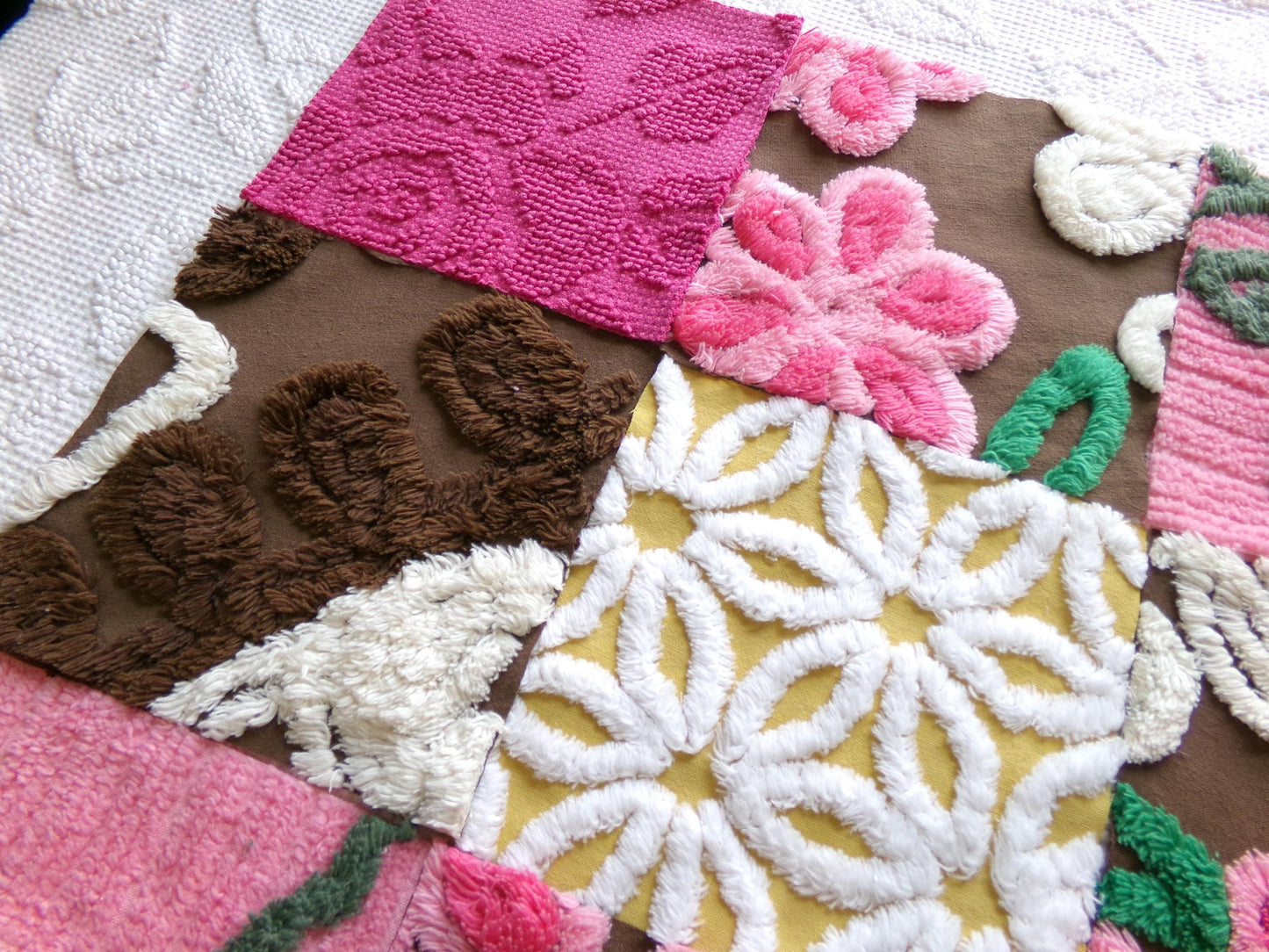 vintage chenille fabric squares, "fairy trail" set of 16 chocolate & pink 6" quilt blocks for quilting, crafts, sewing