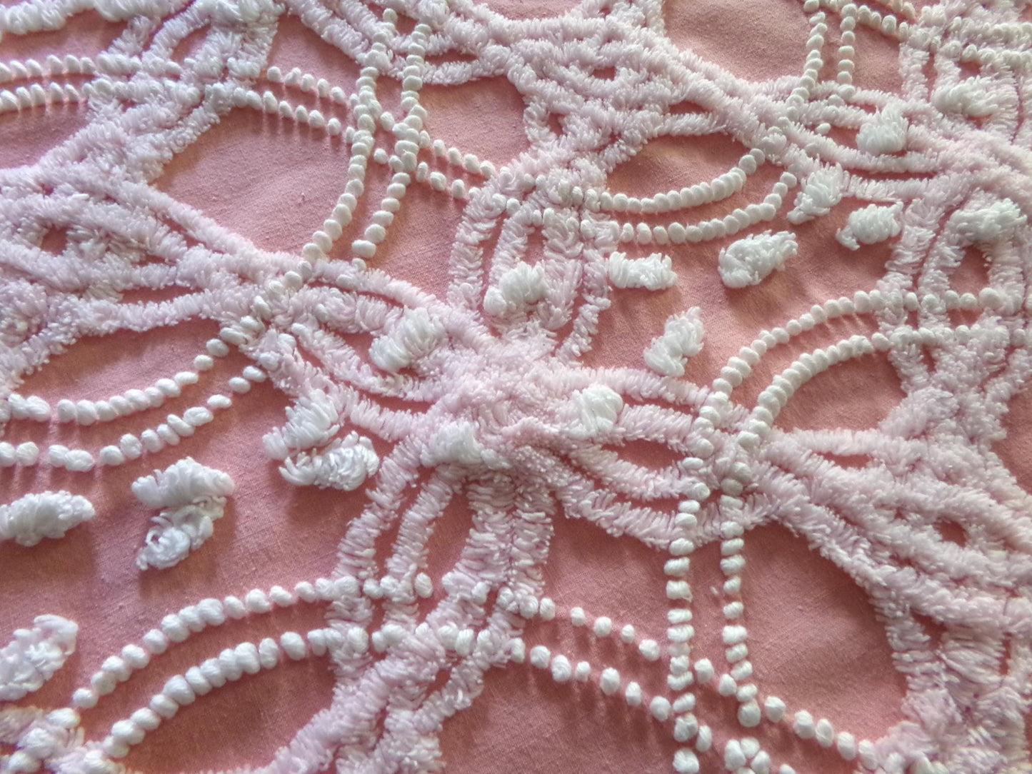 infinity links vintage chenille fabric, beautiful rose pink pearl pop design, 21" x 18" piece of cotton sewing material for pillows & quilts