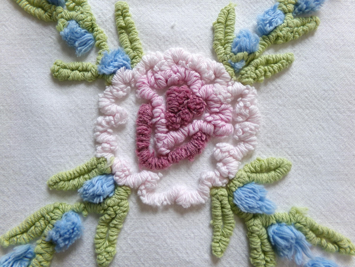 classic shabby style vintage chenille fabric, needletuft florals, blue pops, white cotton material, 22" x 24" piece for sewing, quilting