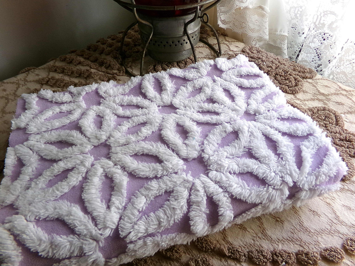 Spring Lavender Vintage Chenille Fabric in Lilac Purple & Fluffy White Daisy, 19" x 25" inch Piece, Lovely in Quilts