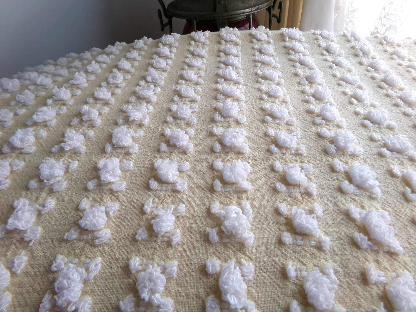 Buttercup Yellow White Rosebud Vintage Chenille Fabric, Cottage Style Tufted Roses, 12" x 24" inch Piece