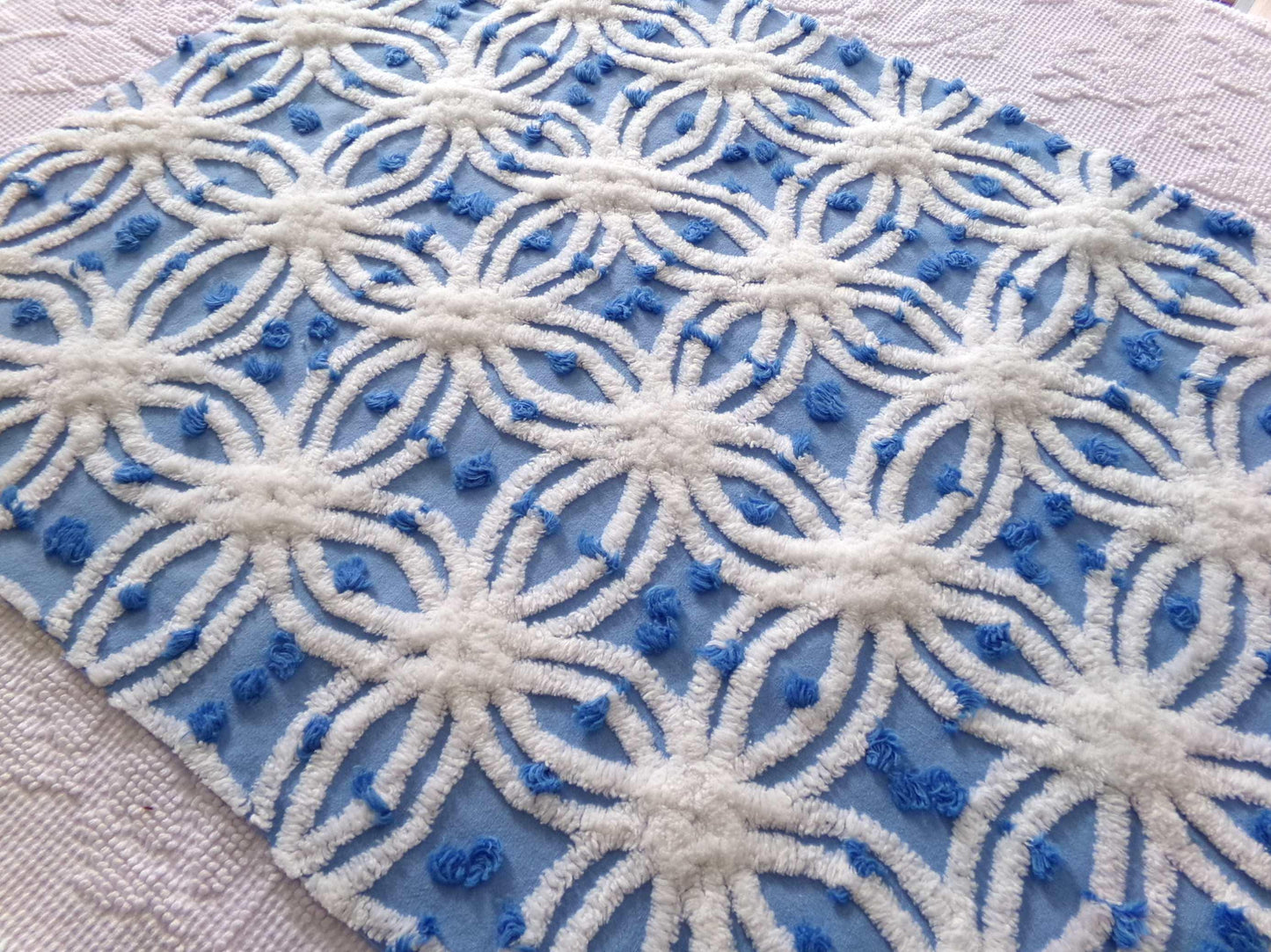 coastal chic blue vintage chenille fabric, white tufted spider rings & little pops, 24" x 18" inch piece