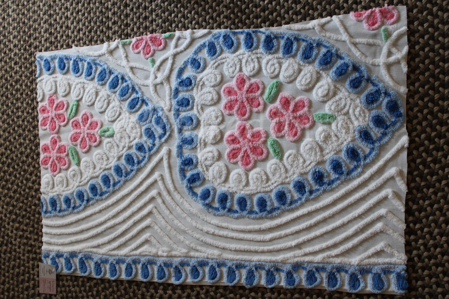 Adorable Pink & Blue Heart Roses Vintage Chenille Fabric, Classic 50s Design, 39" x 23" inch LARGE piece