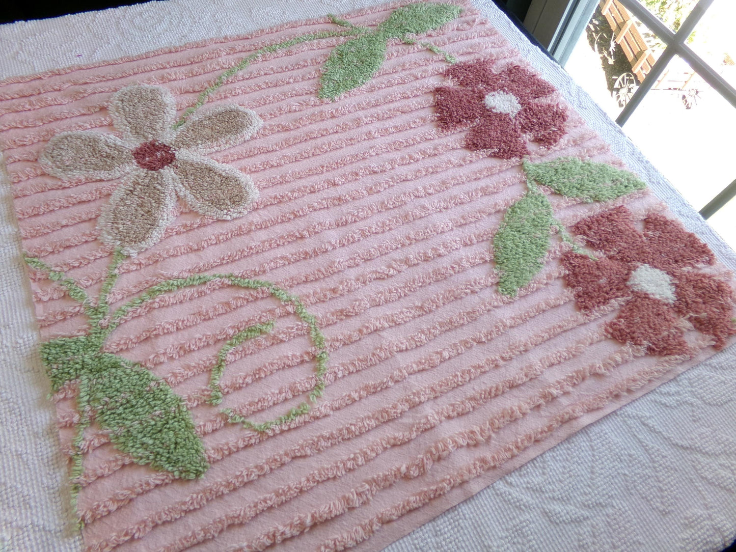 Rosy Pink Floral Vintage Chenille Fabric, Wideset Climbing Daisy Flower Design, 25" x 24" inch Piece of Cotton Sewing Material