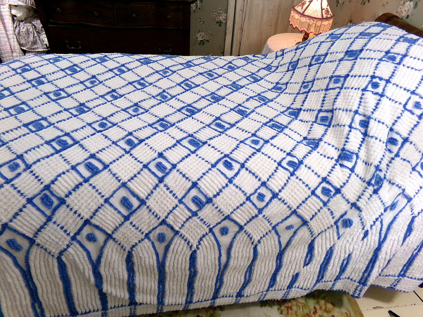 nautical vibes vintage chenille bedspread, blue dots on white cotton with cathedral stripes, full size coastal cottage bedding