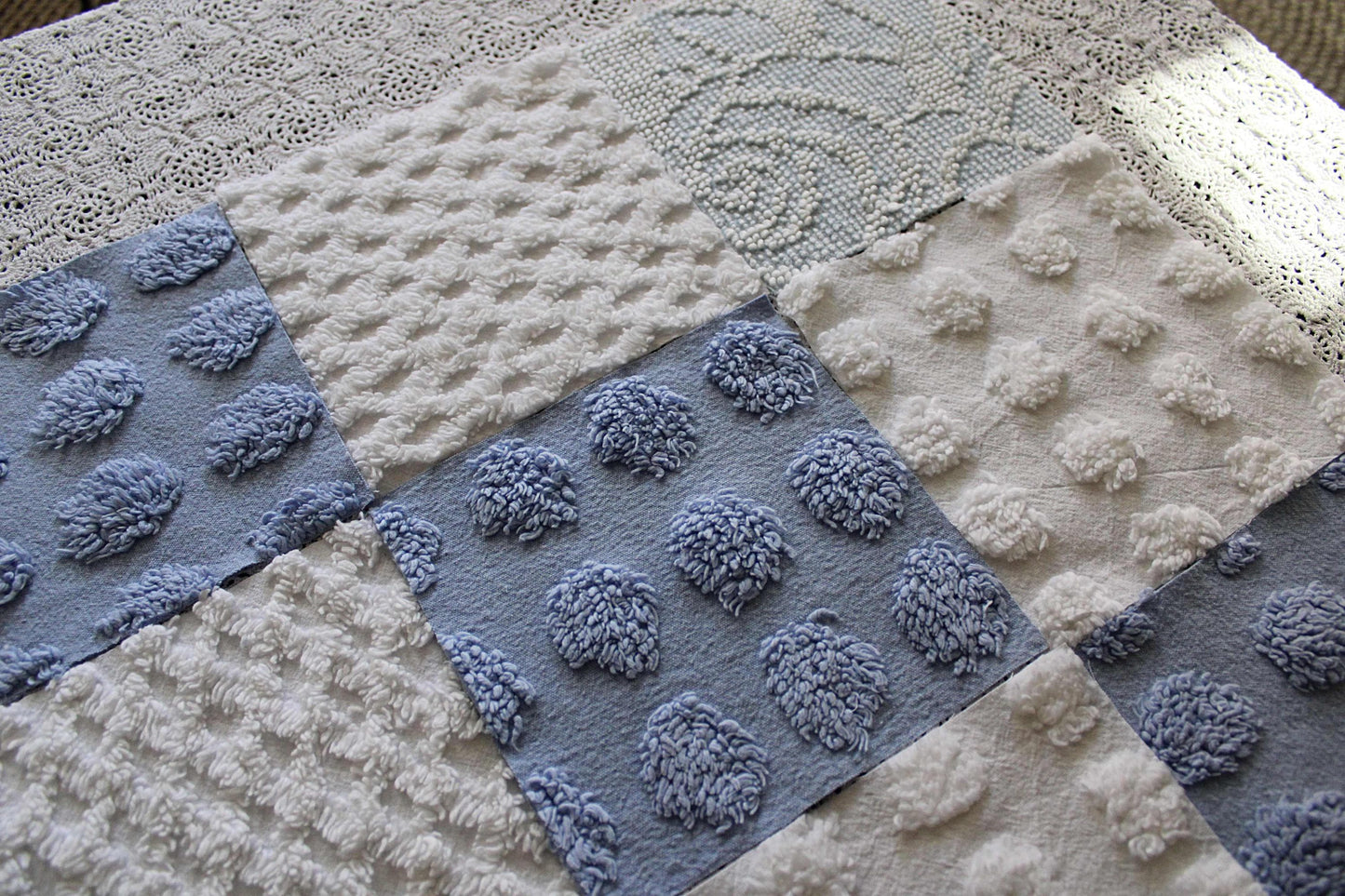 Chenille Fabric Squares, Beachy Blue & White Craft Square Set from Vintage Bedspread Fabric, 16 Blocks, 6" x 6" inch