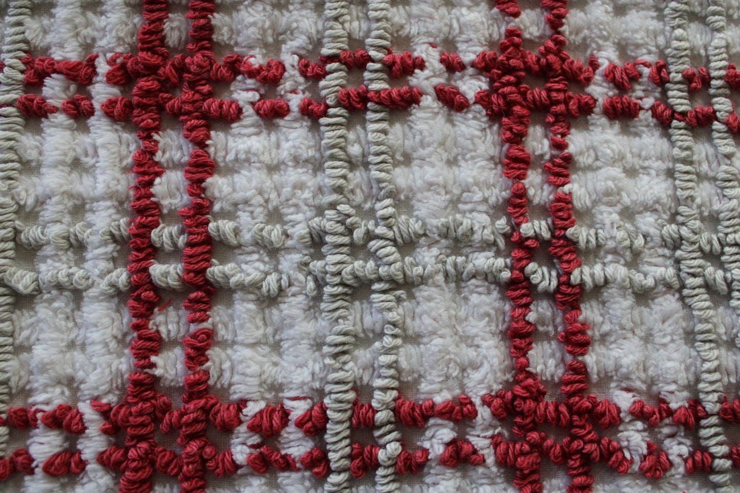 Chic Plaid Vintage Chenille Fabric, Maroon & Grey Needletufting on White Grid, 20" x 24" inch Piece, 100% Cotton