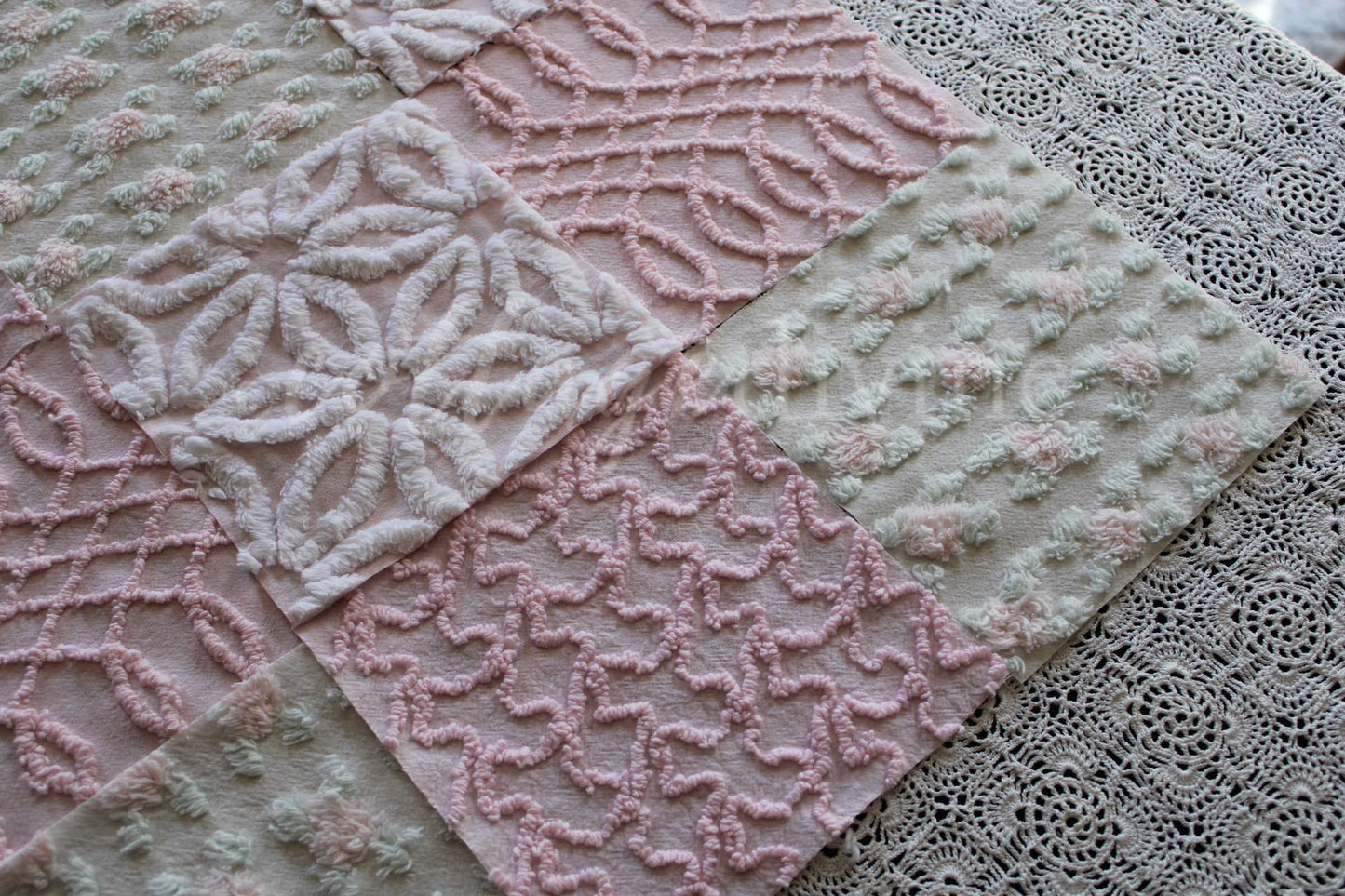 Pink Quilt Squares, Daisy Rosebud Craft Square Set from Vintage Bedspread Fabric, 16 Blocks, 6" x 6" inch