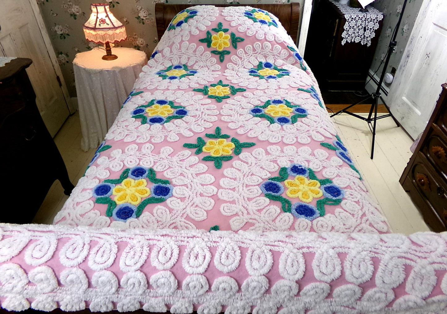 shabby plush pink vintage chenille bedspread, popular wedding cake florals, retro cottage glamour full size bedding