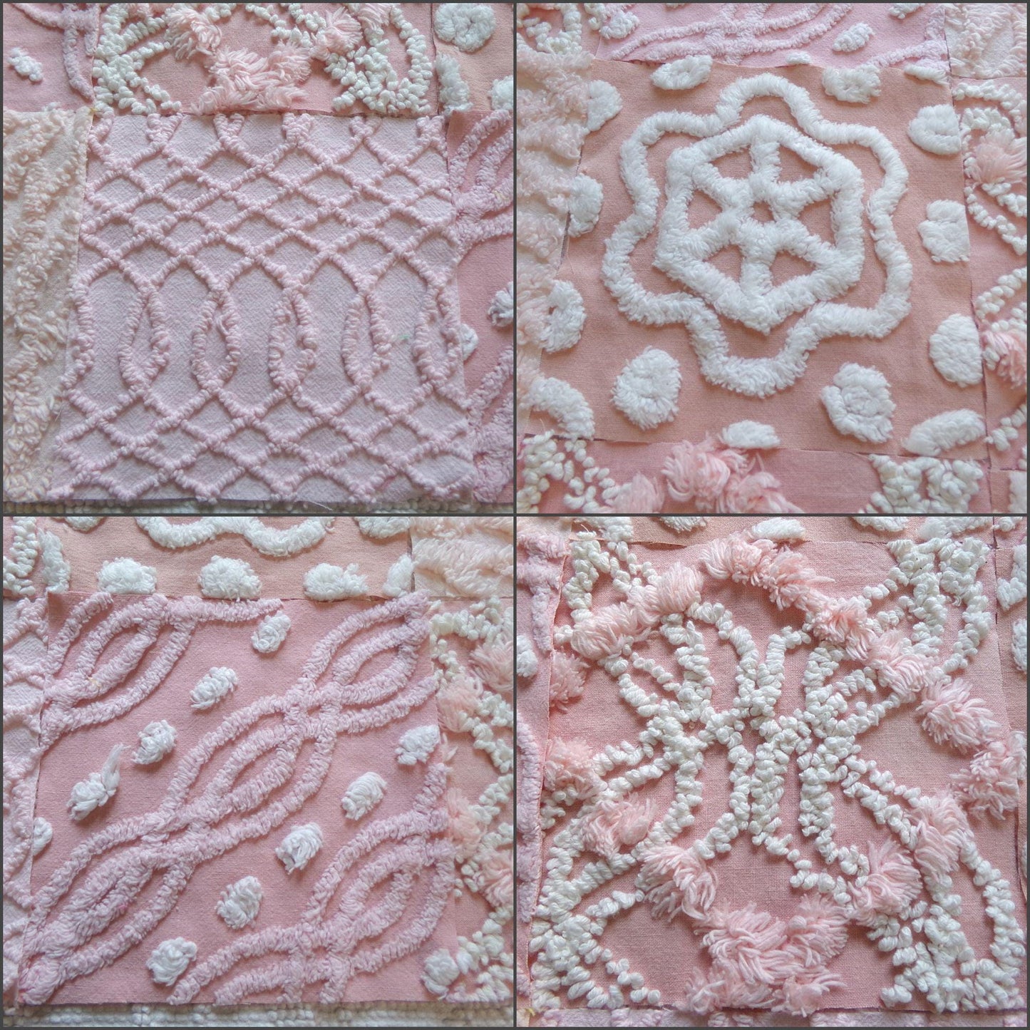 feminine glow vintage 6" chenille squares, set of 16 quilt blocks, rotary cut from pink & peach vintage chenille bedspread fabrics