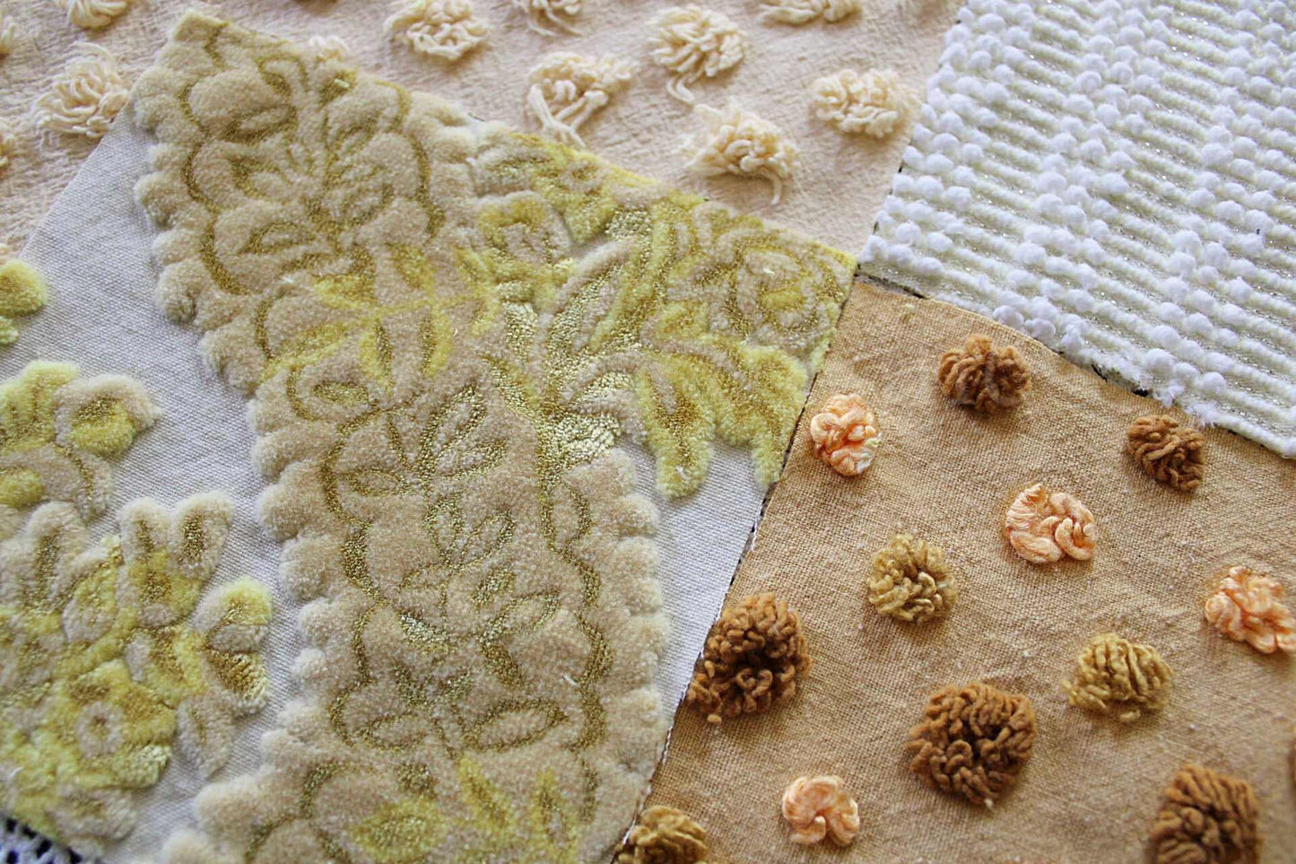Chenille & Velvet Quilt Squares Set, "Sun Goddess", from Vintage Bedspread Fabric, 16 Blocks, 6" x 6" inches each, Earthtones