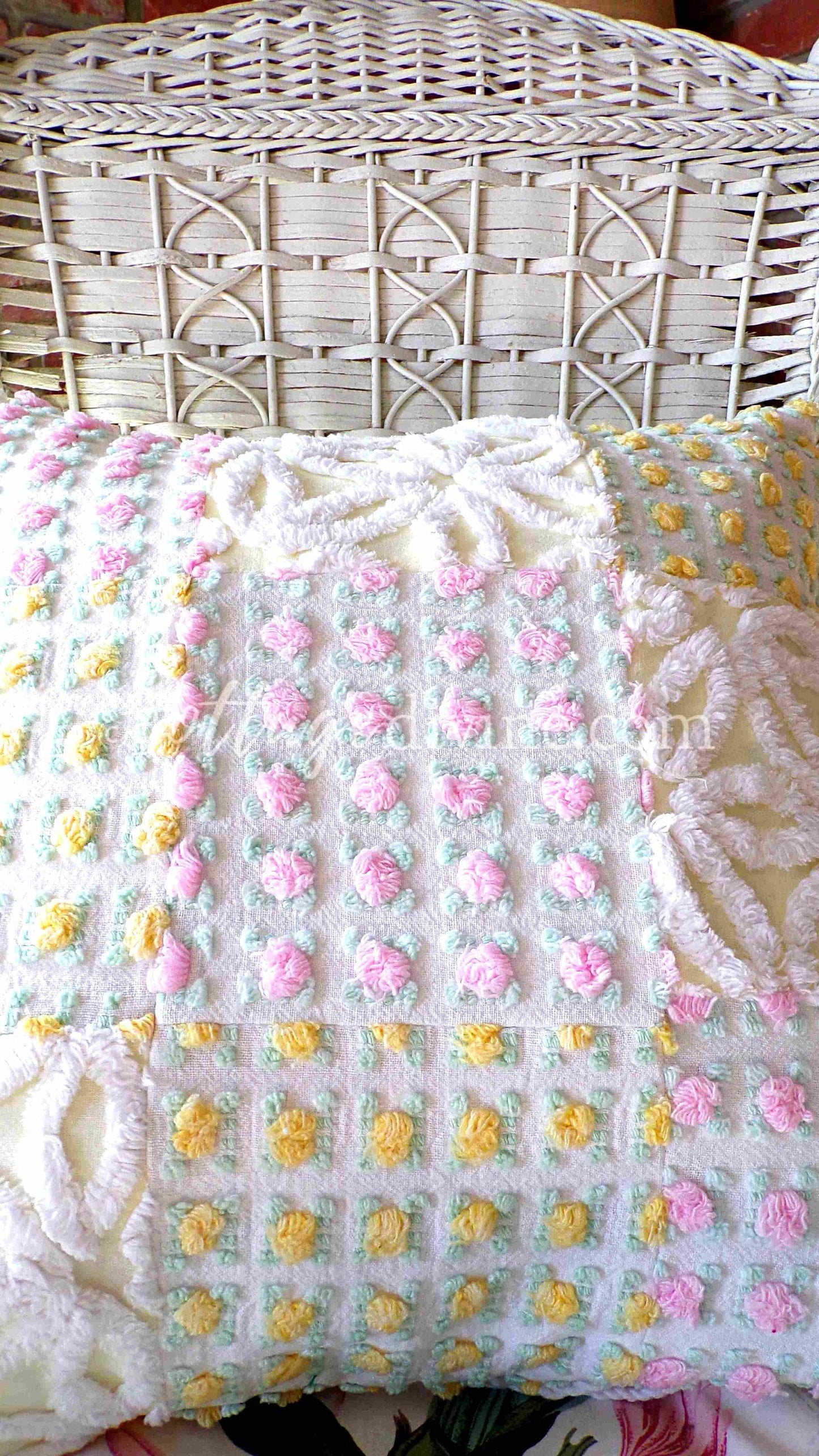 Daisy Rose Romantic Cottage Chenille Pillow Cover 16" x 16" inch Square, REVERSIBLE Accent Pillow, Vintage Shabby Patchwork Design