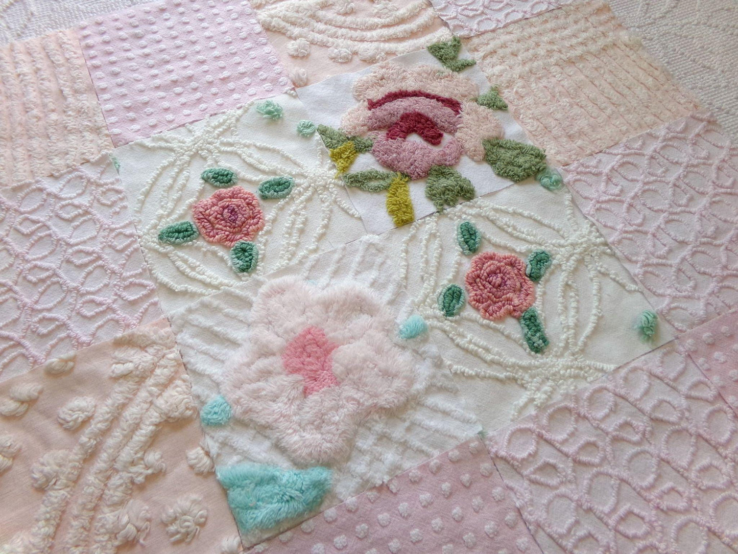 fairy flowers chenille fabric squares, set of 16 vintage craft quilt blocks 6" inches ea, soft pink, peach & floral