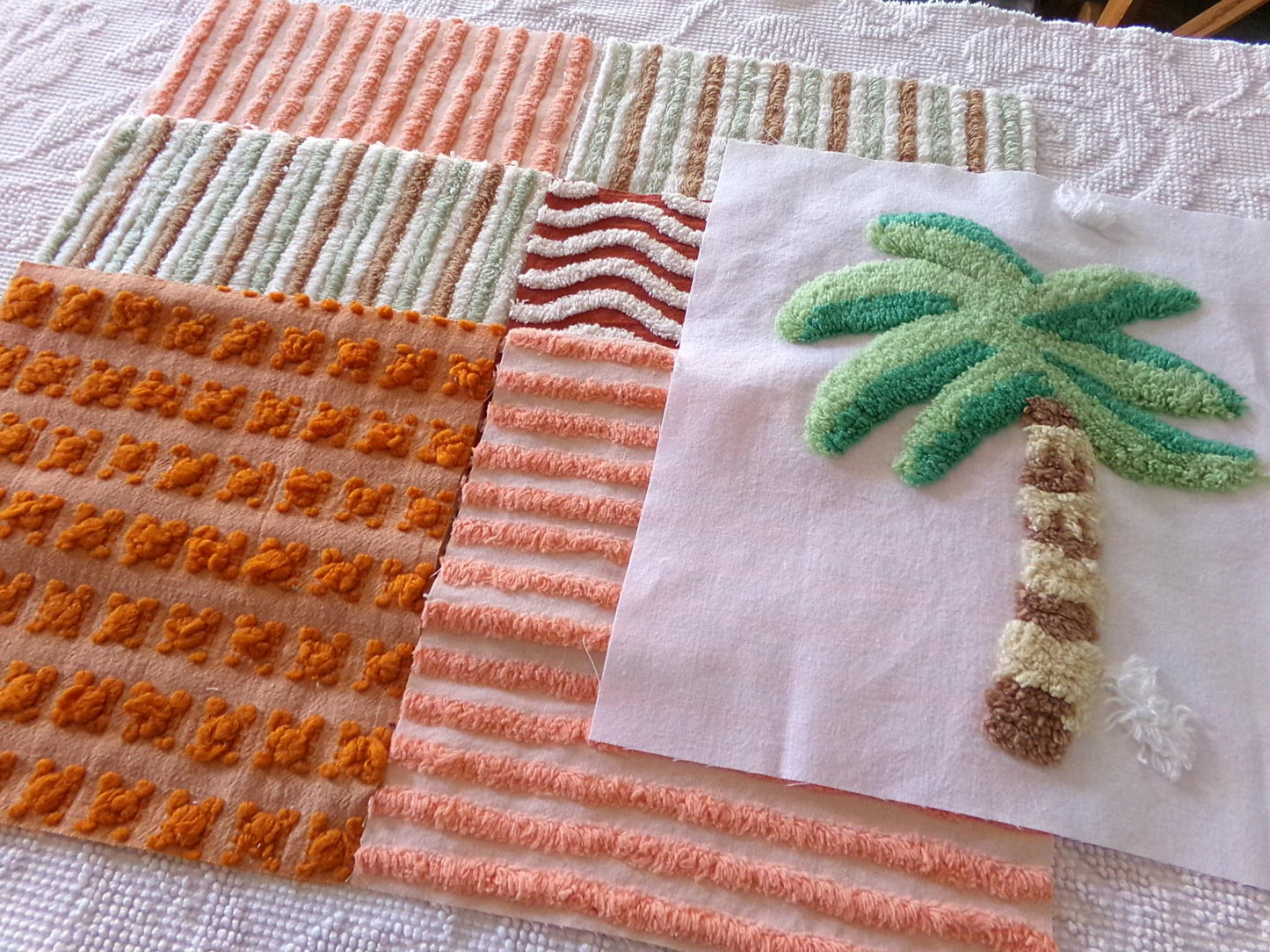chenille fabric squares, set of 6 large 9.5" square quilt blocks and 1 palm tree 12.5" square, tropical fun & great texture