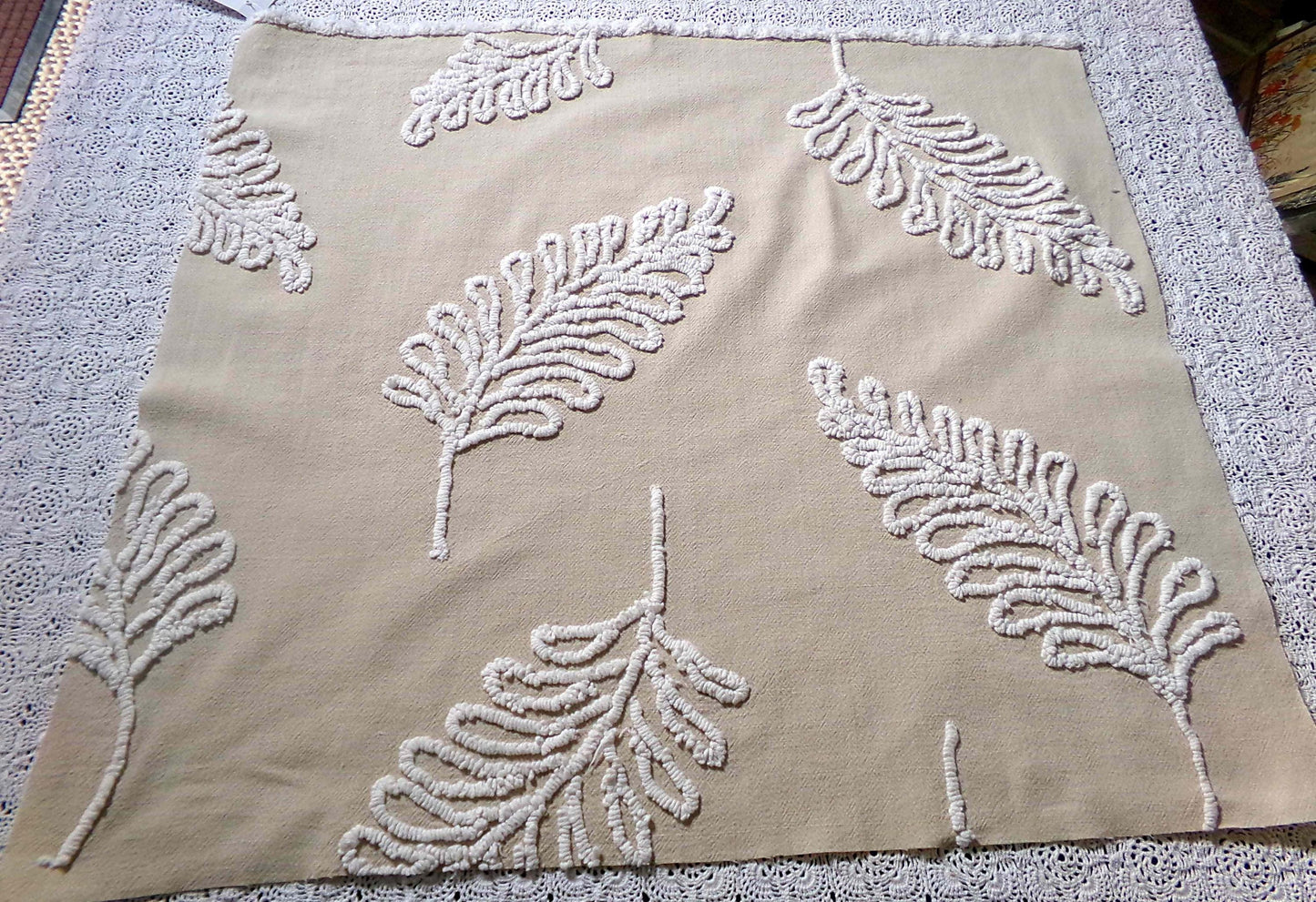 falling leaves vintage chenille fabric, 24" x 21" inch piece, simple shabby needletuft large leaf design on mocha