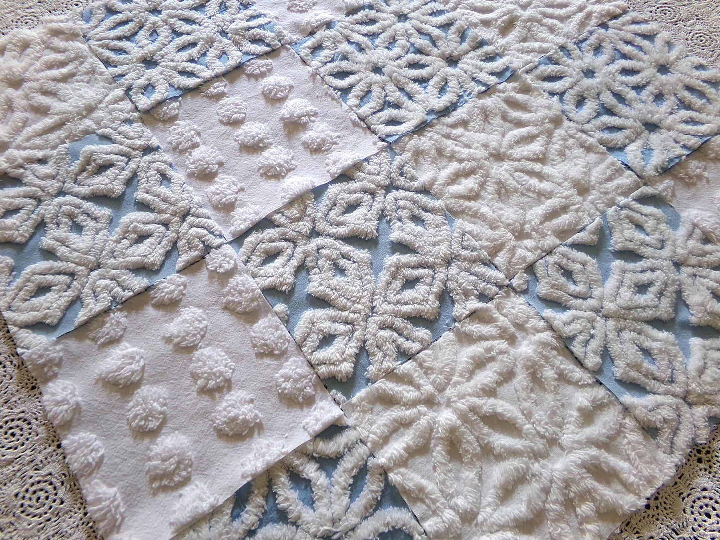 Breezy Blue & White Chenille Fabric Squares Set, 16 Vintage Quilt Blocks, 6" x 6" inches each, for Quilting, Sewing, DIY Pillows
