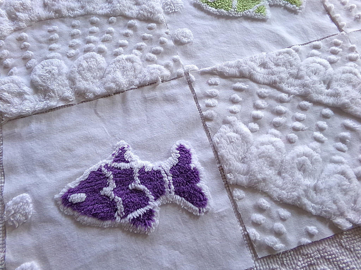 school of fish chenille fabric squares, set of 6 large 9.5" square quilt blocks, fun fishies & plush white swirl dots